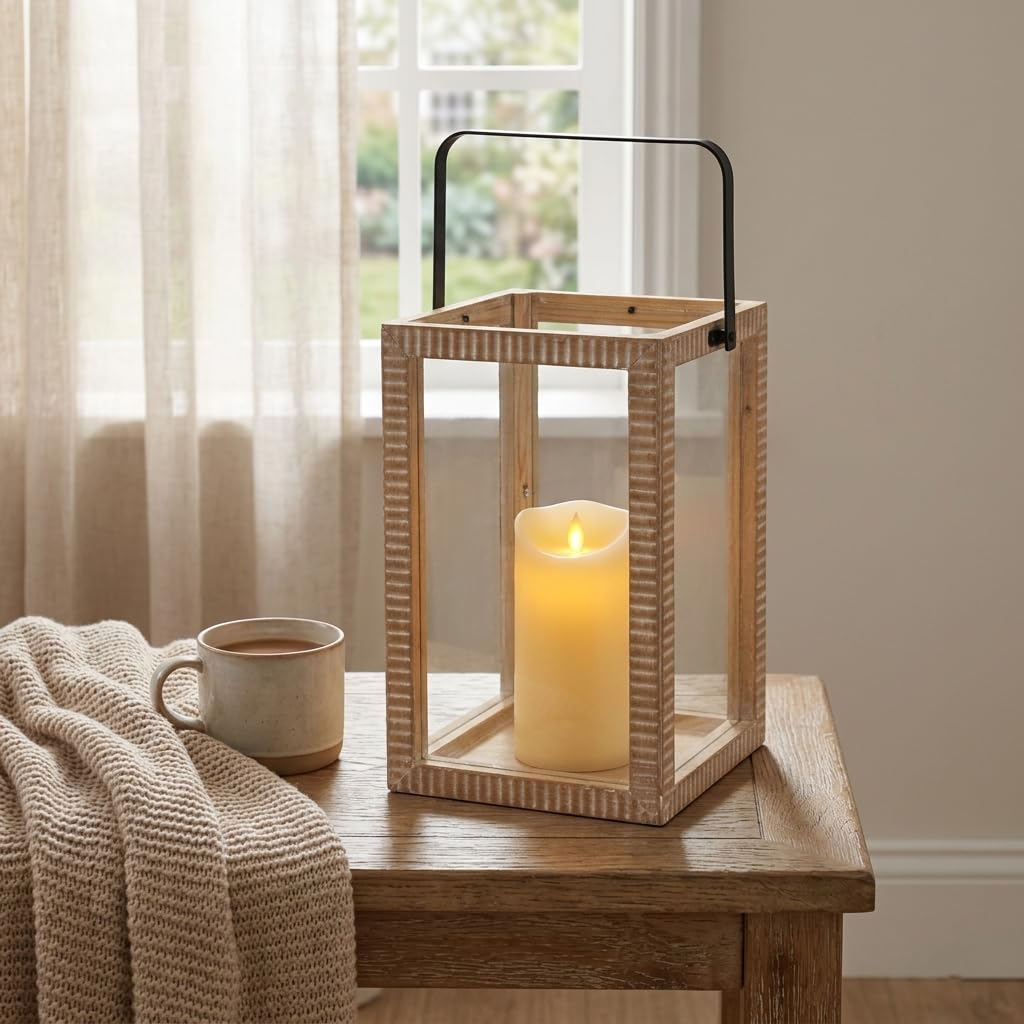 Abner Ridge Patterned Wood Lantern & Handle - Large