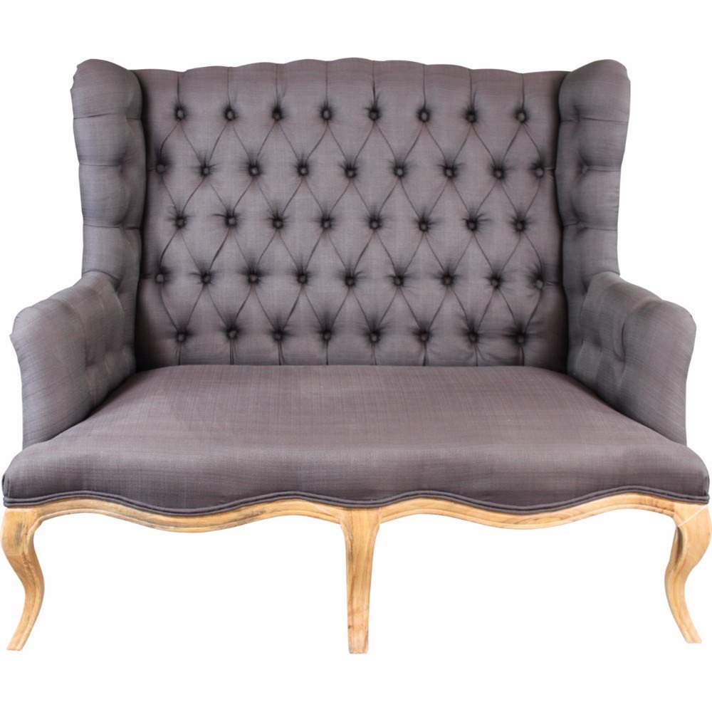 Fabric Upholstered Wooden Settee with Button Tufted Wingback Design Backrest, Gray and Brown