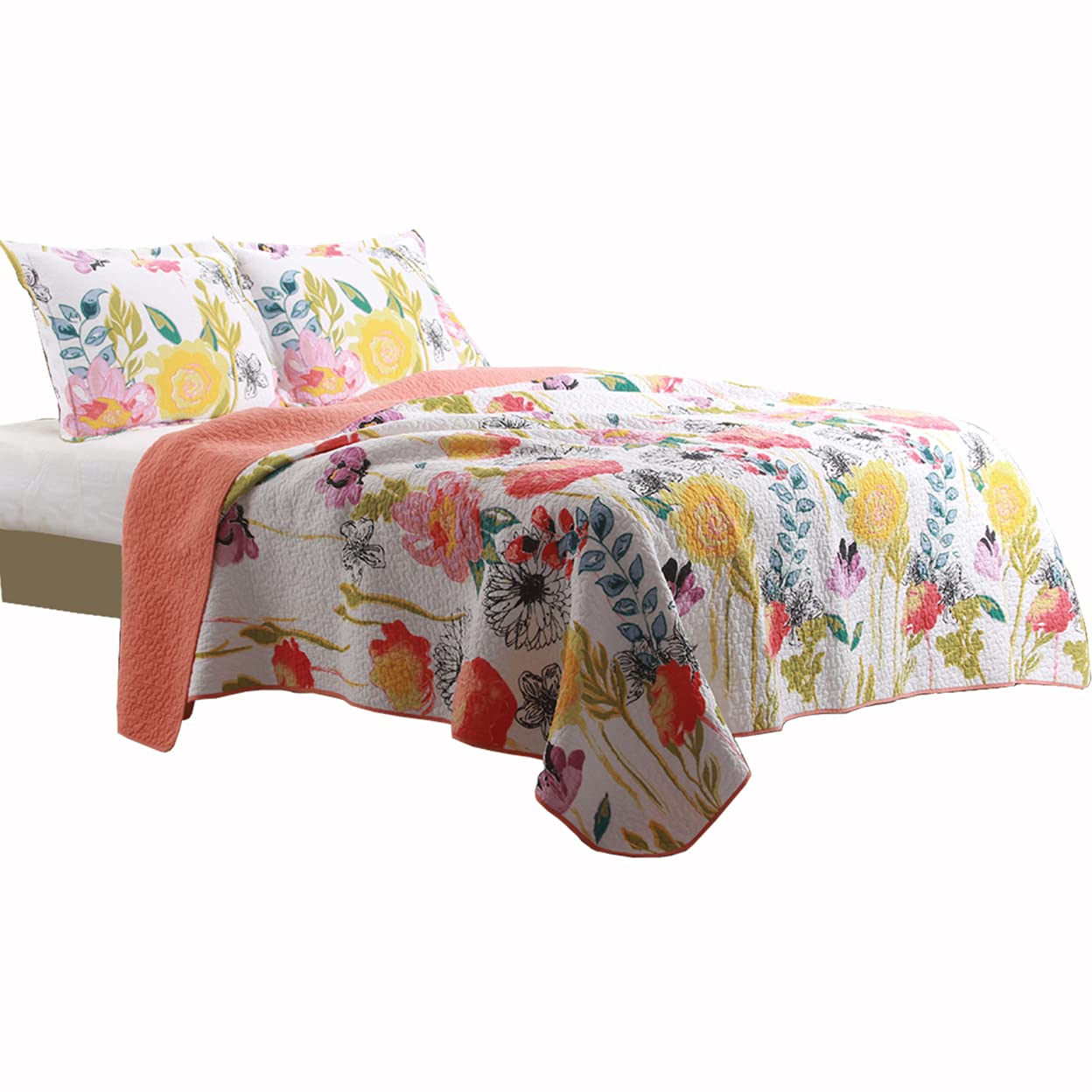 3 Piece Cotton Full Size Quilt Set with Stencil Flower Print, Multicolor