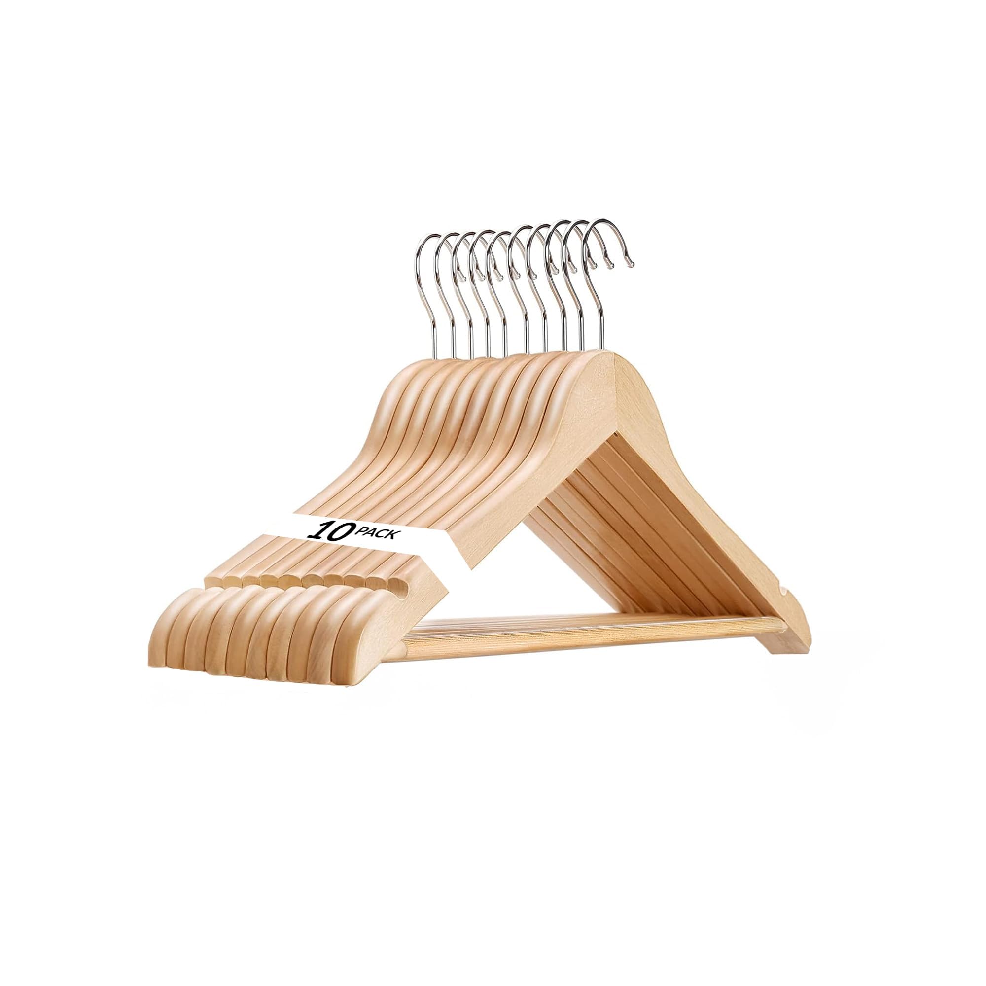 USTECH Wood-Look Bowed Shaped Hangers Made of Biodegradable Plastic, with Trouser Bar, Shoulder Notch, & Swivel Hook to hold Suits & Strappy Dresses | Wood Finish | Available in a Set of 10