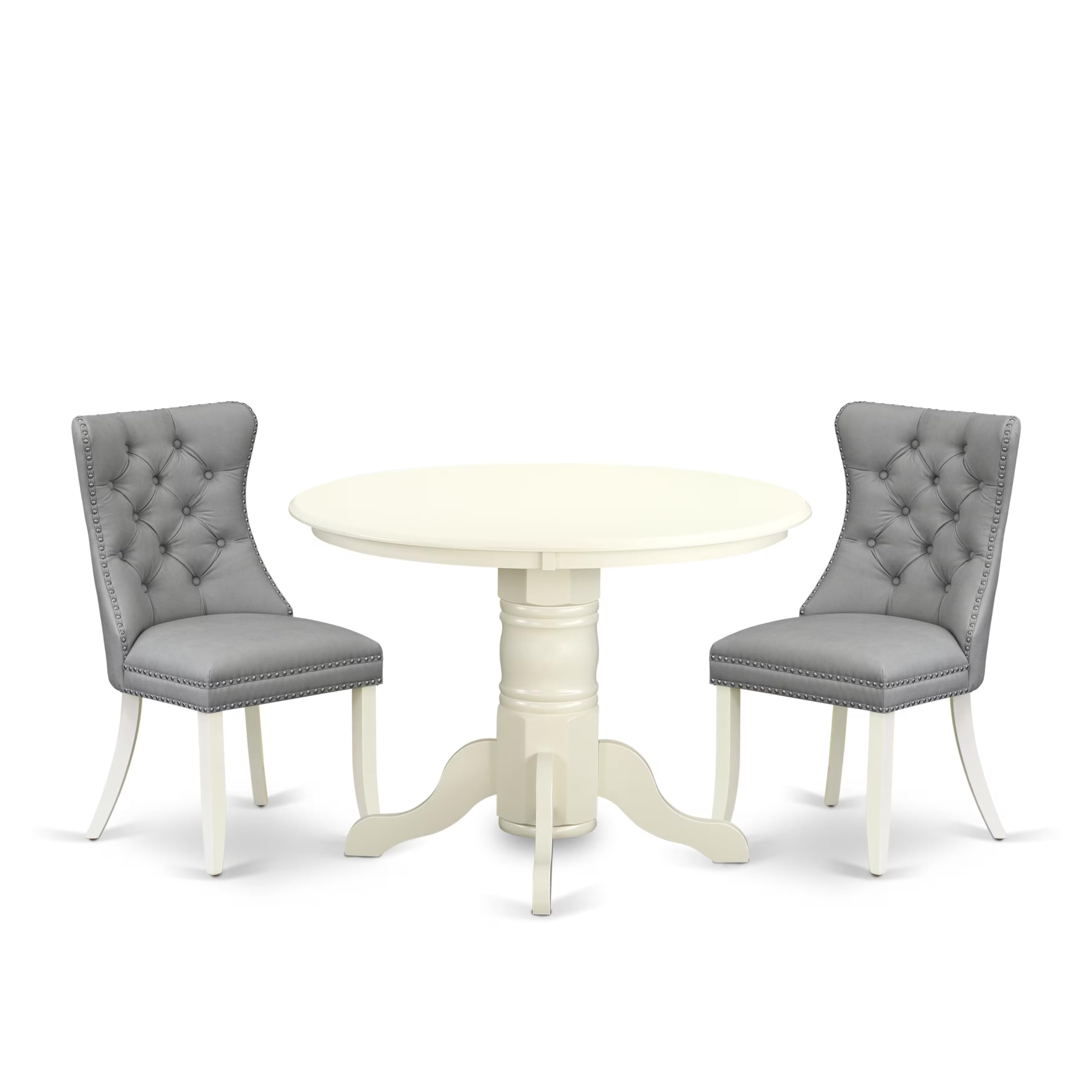 East West Furniture SHDA3-WHI-27 3 Piece Dinette Set Consists of a Round Kitchen Table with Pedestal and 2 Parson Dining Chairs, 42x42 Inch, linen white