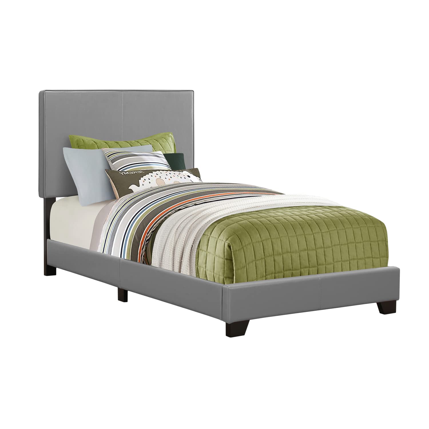Bed, Twin Size, Platform, Bedroom, Frame, Upholstered, Pu Leather Look, Wood Legs, Grey, Transitional