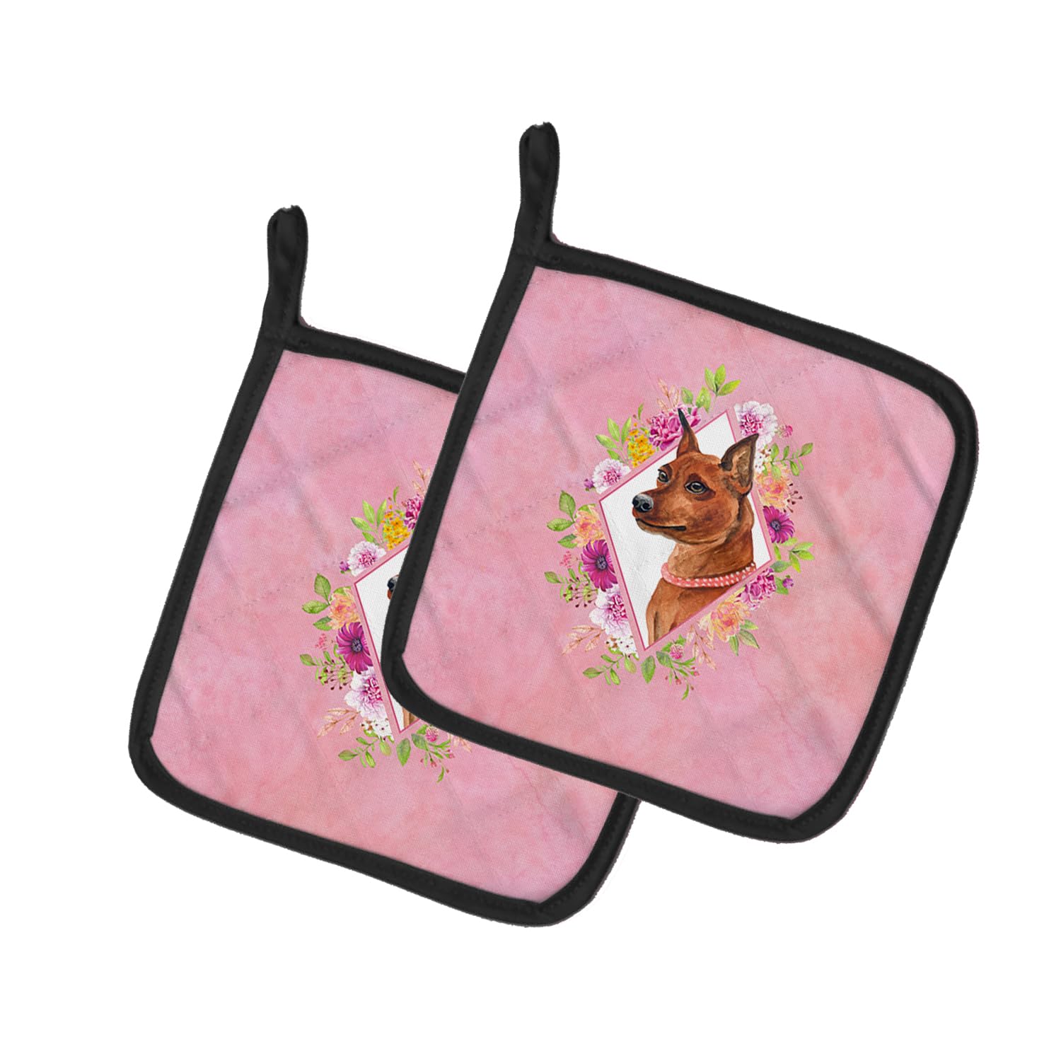 Miniature Pinscher Pink Flowers Pair of Pot Holders