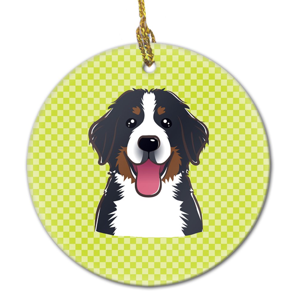 Checkerboard Lime Green Bernese Mountain Dog Ceramic Ornament BB1299CO1