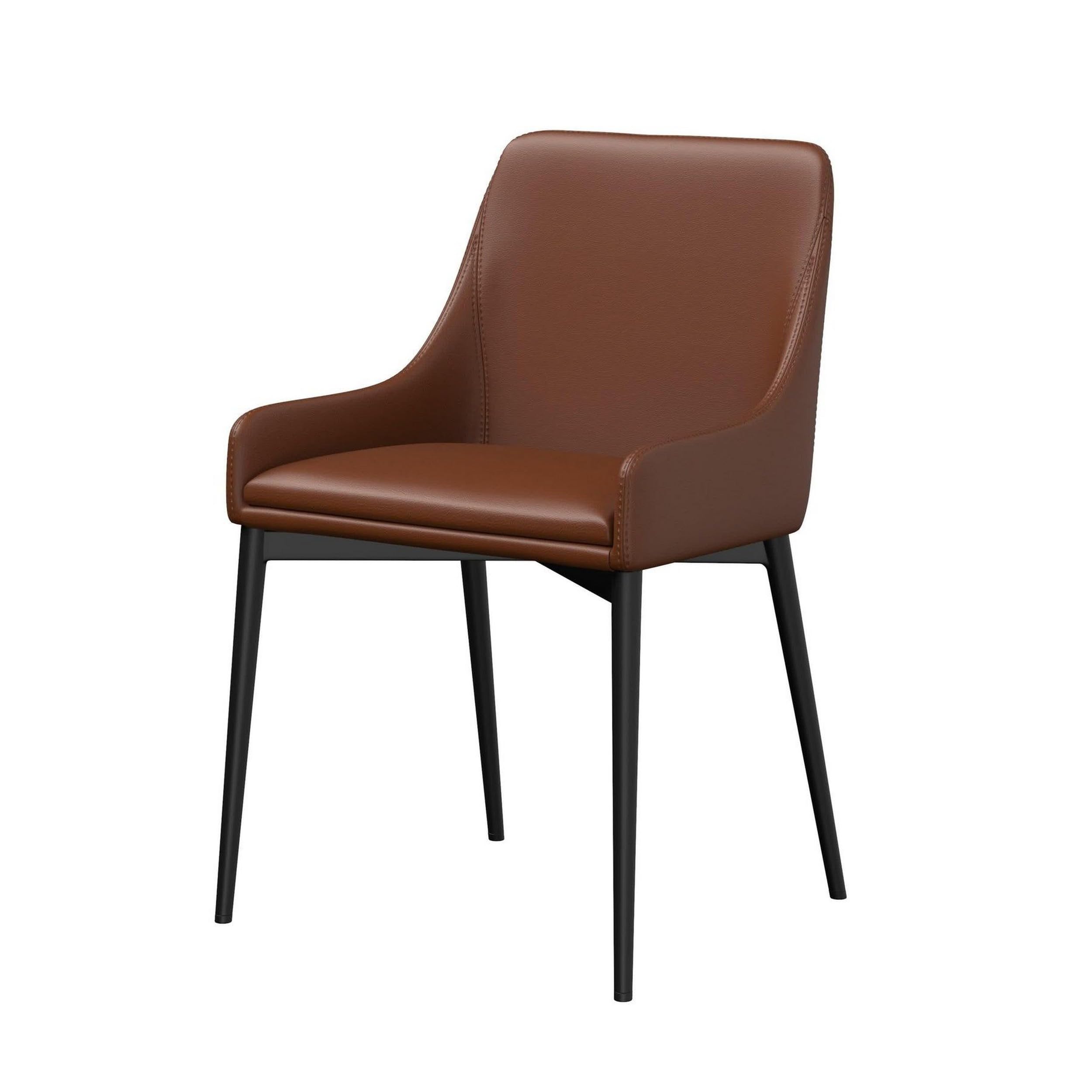 21 Inch Dining Chair, Set of 2, Sleek Black Base, Vegan Leather, Cognac