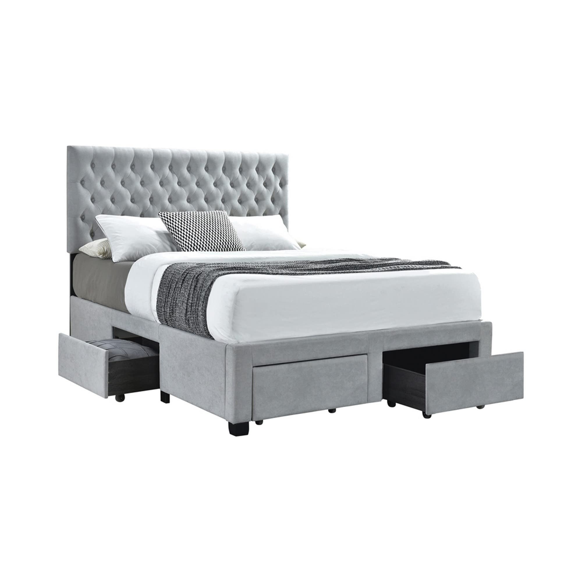 Fabric Upholstered Wooden Full Size Bed with Bottom Drawers, Gray