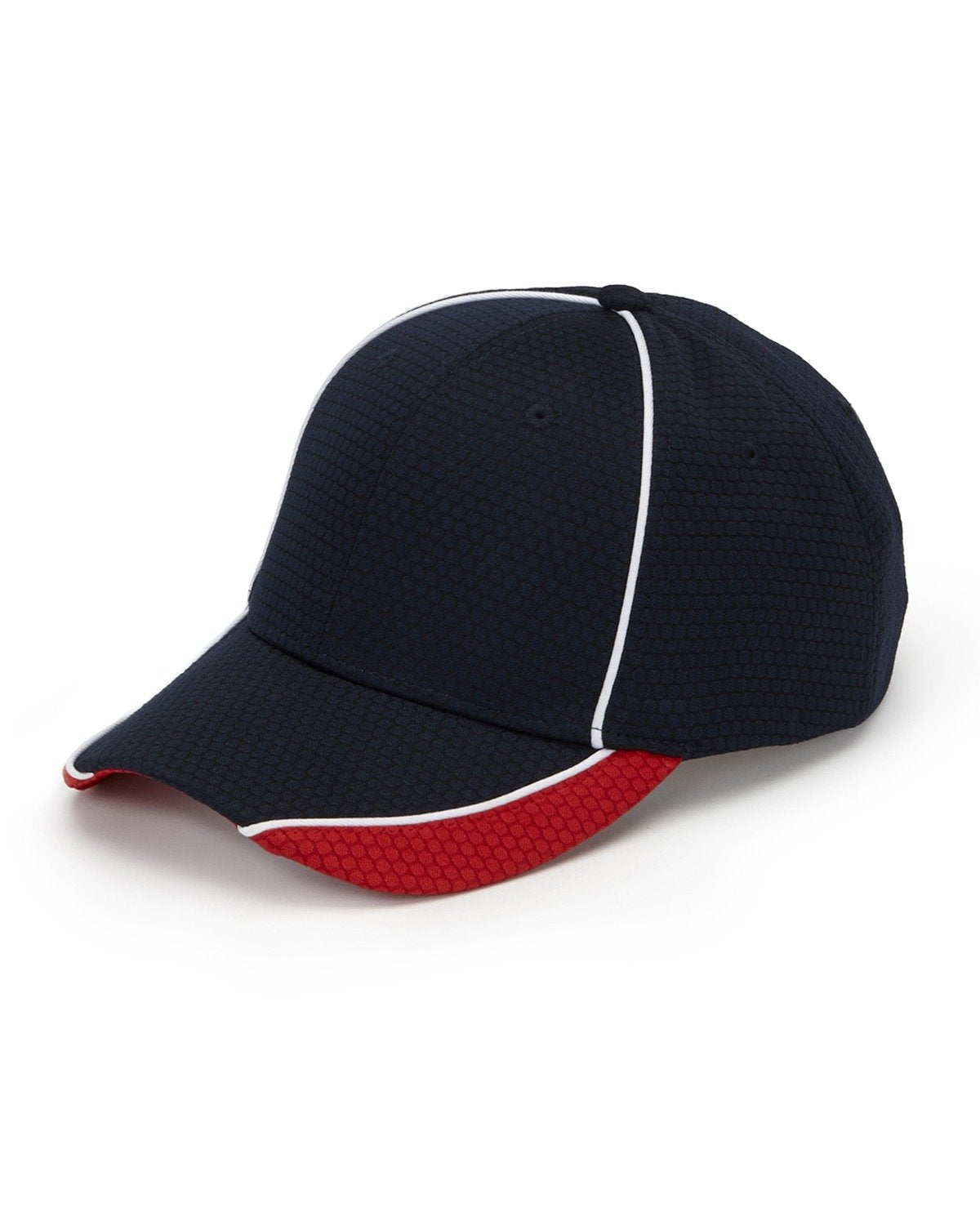 DP102 | First String- Performance Polyester Dobby Fabric, Structured, Six Panel Cap with Two Contrast Color Inserts on Top of Visor, Contrast Color Piping Detail and Hook and Loop Closure- NAVY/RED