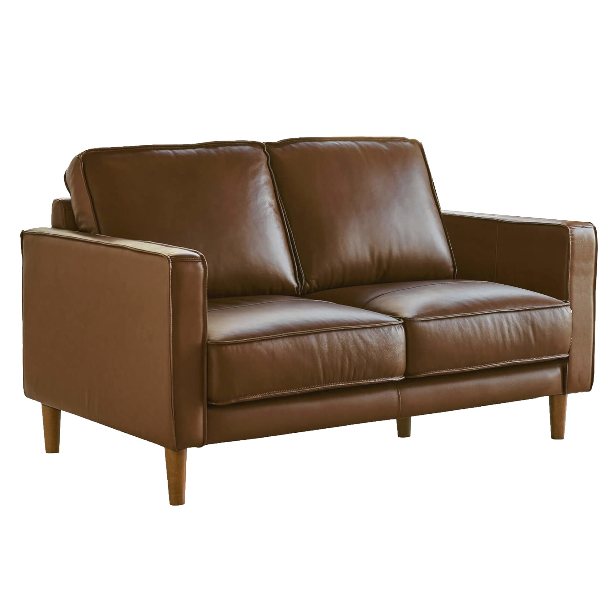 Sunset Trading Prelude 55 Wide Top Grain Leather Loveseat | Chestnut Brown | Mid Century Modern Small Couch"
