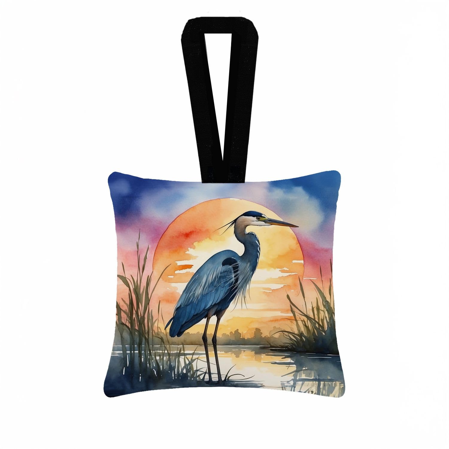 Carolines Treasures Blue Heron Setting Sun Hanging Square Fabric Ornament 3.5  3.5 Decorative Door-Knob & Tree Hanger, Soft Fabric