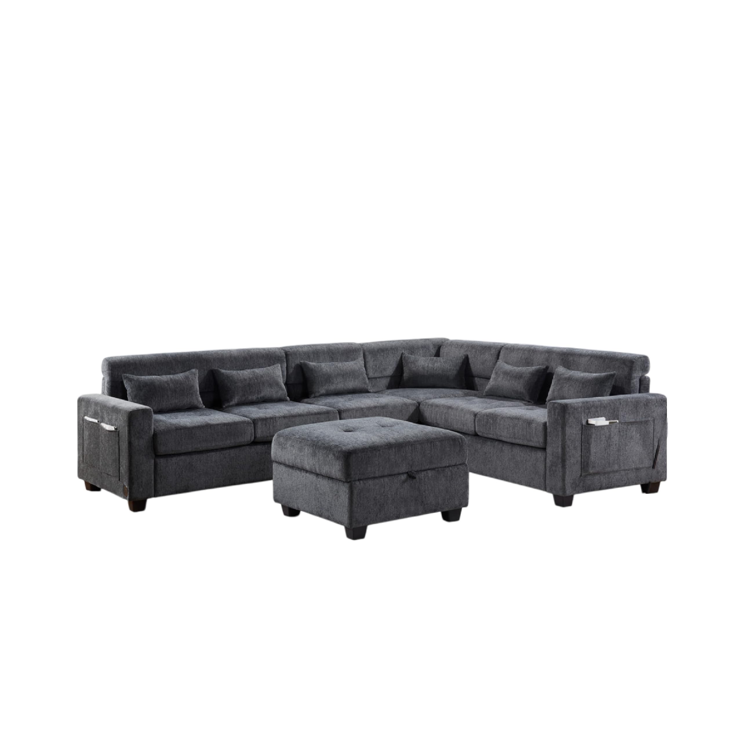 ReynaSectional Sofa, Ottoman, Adjustable Back, Gray Chenille 115 Inch