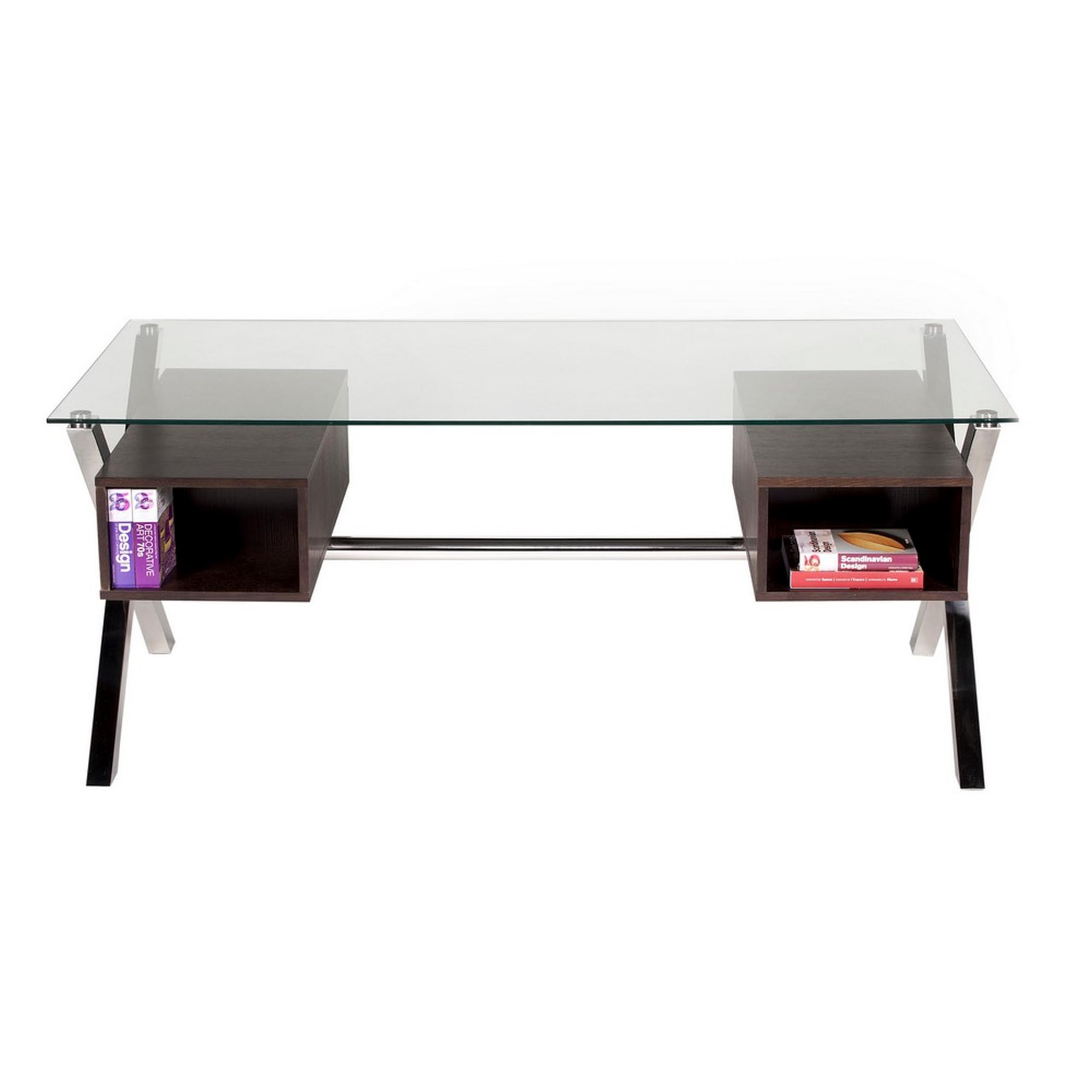 Tia 71 Inch Large Office Desk, Glass Tempered Top, 4 Drawers, Dark Brown