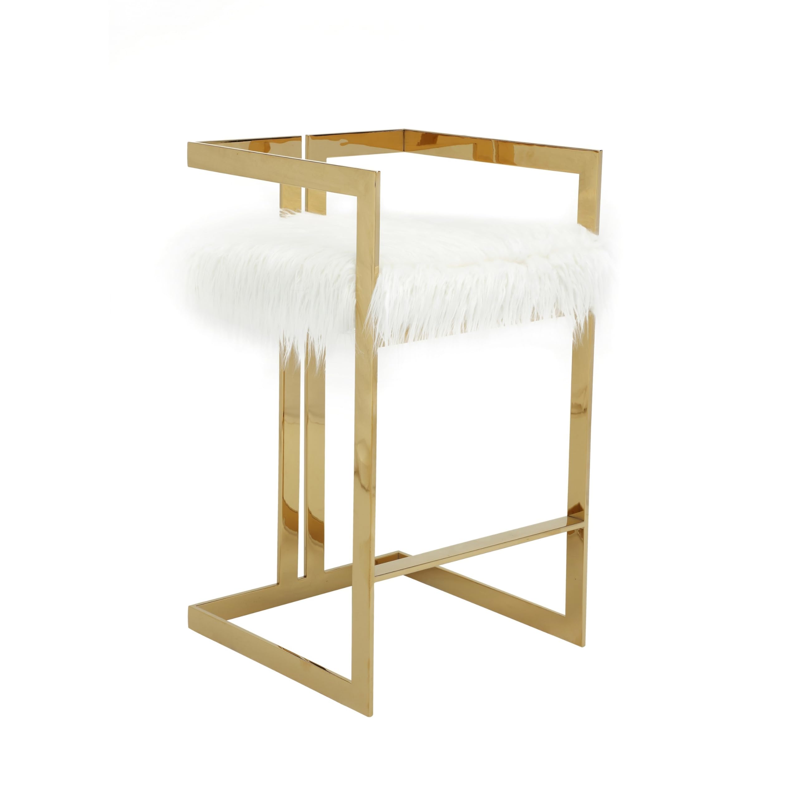 Suki 30 Inch Barstool Chair, White Faux Fur Seat, Stainless Steel, Gold
