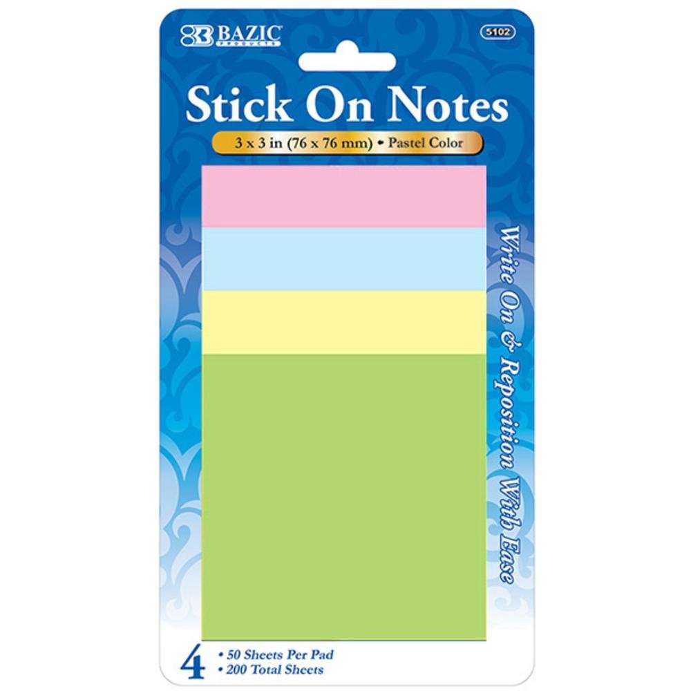 Bazic 50 Ct. 3 X 3 Stick On Note (4Pack) Case Pack 24