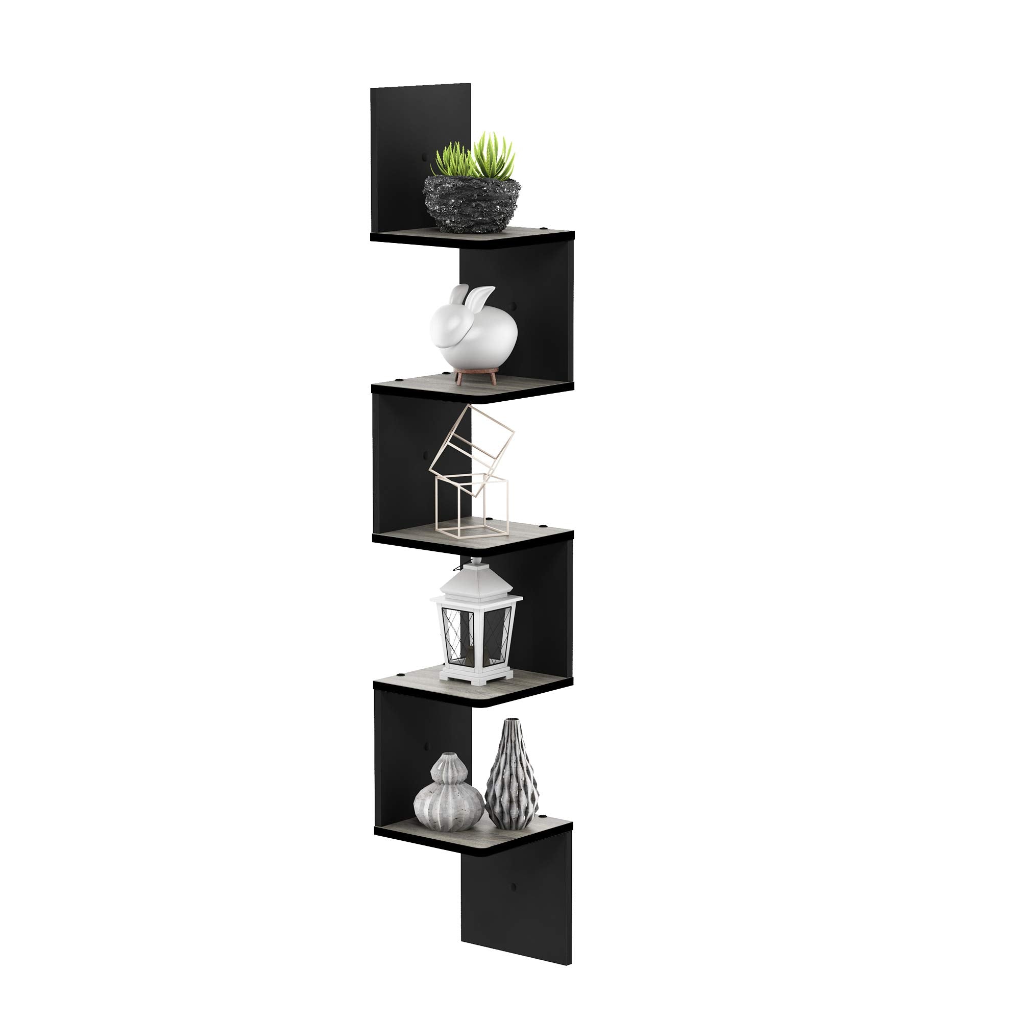 Furinno 5 Tier Wall Mount Floating Corner Square Shelf, French Oak Grey/Black