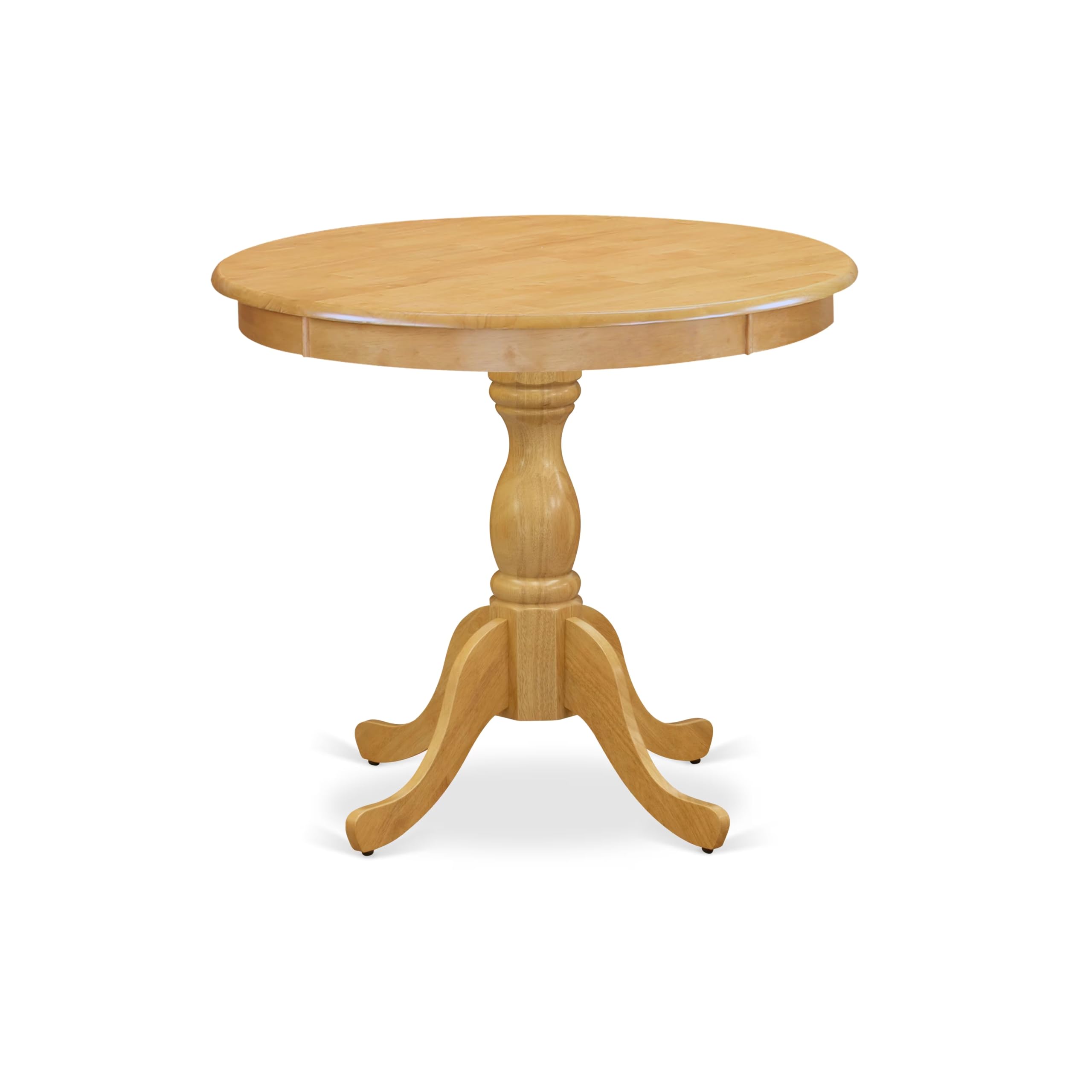 Round Wood Table Oak Color Table Top Surface and Asian Wood Table Pedestal Legs -Oak Finish
