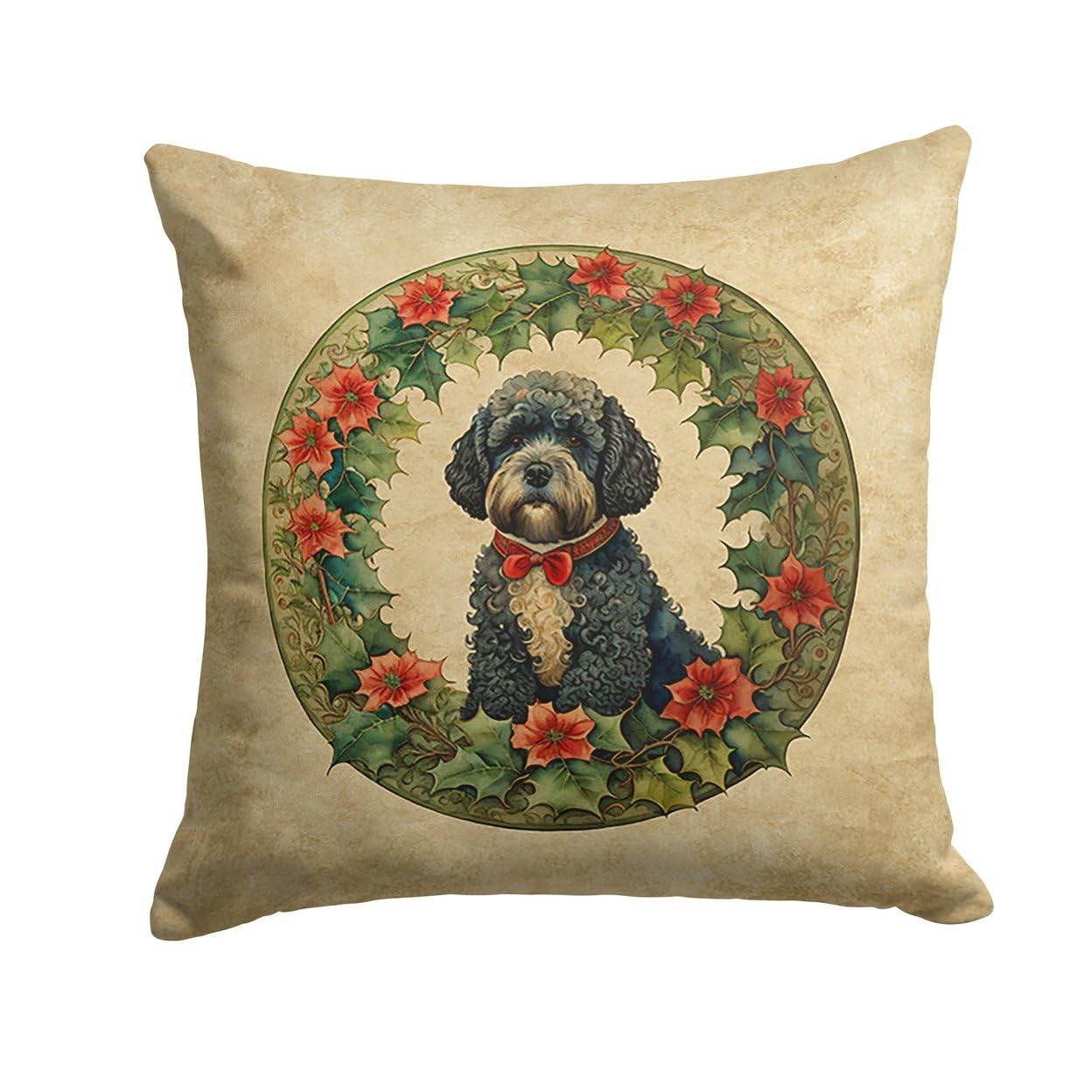 Portuguese Water Dog Christmas Flowers Throw Pillow