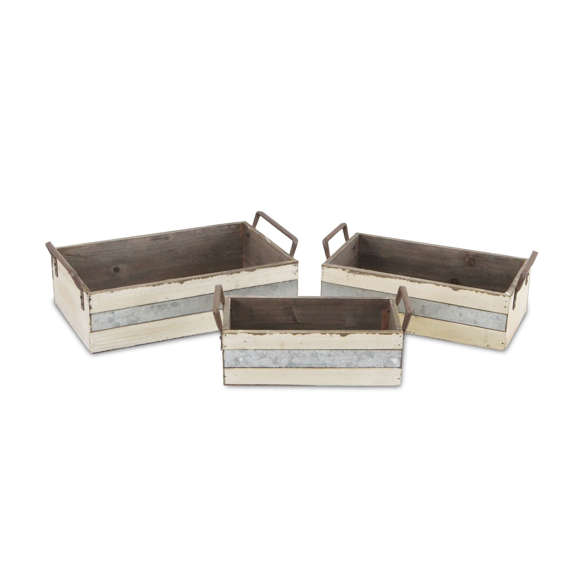 Weston Set of 3 Rustic Metal Accent White Wood Crates