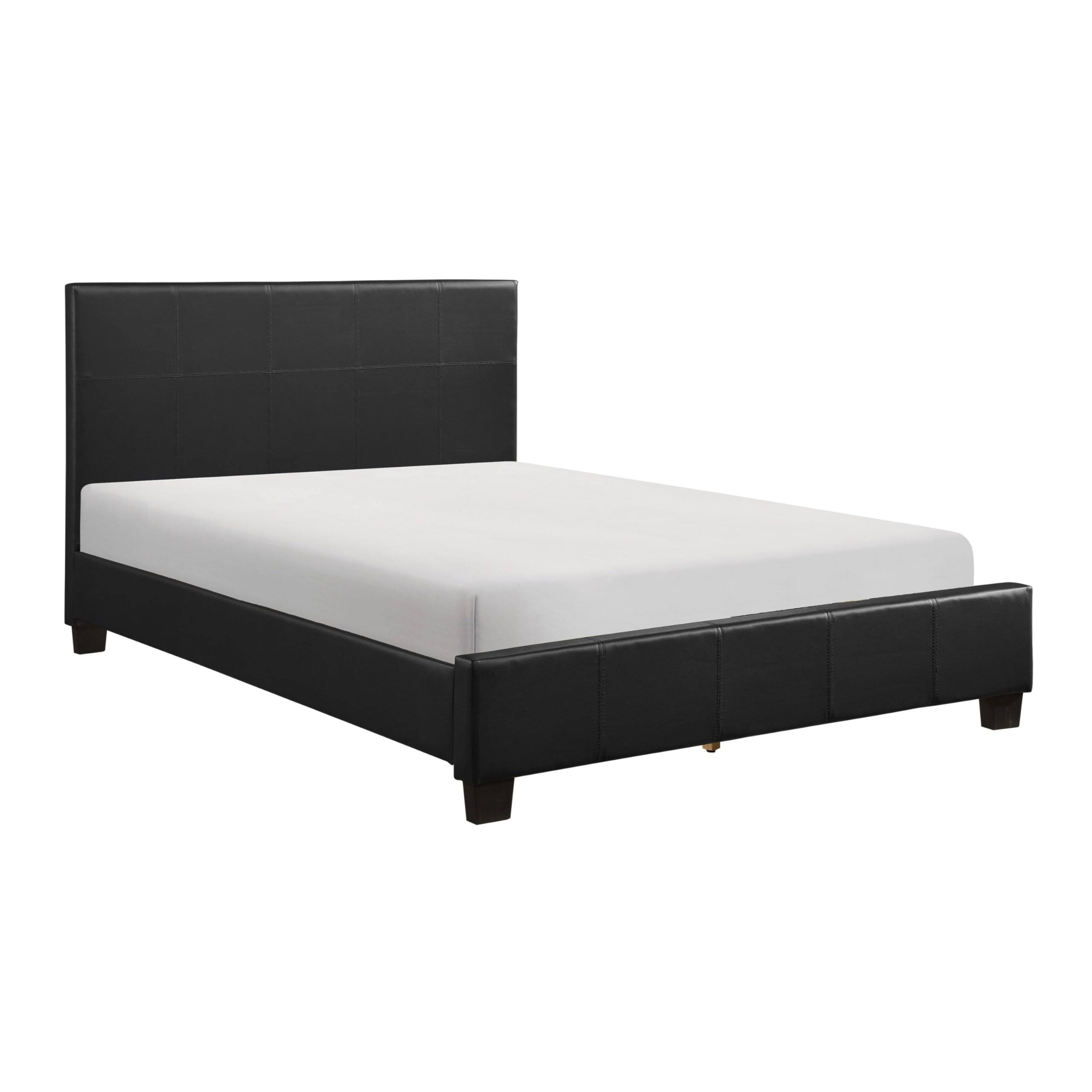 Renz Queen Size Platform Bed, Black Faux Leather Upholstery, Wood Frame