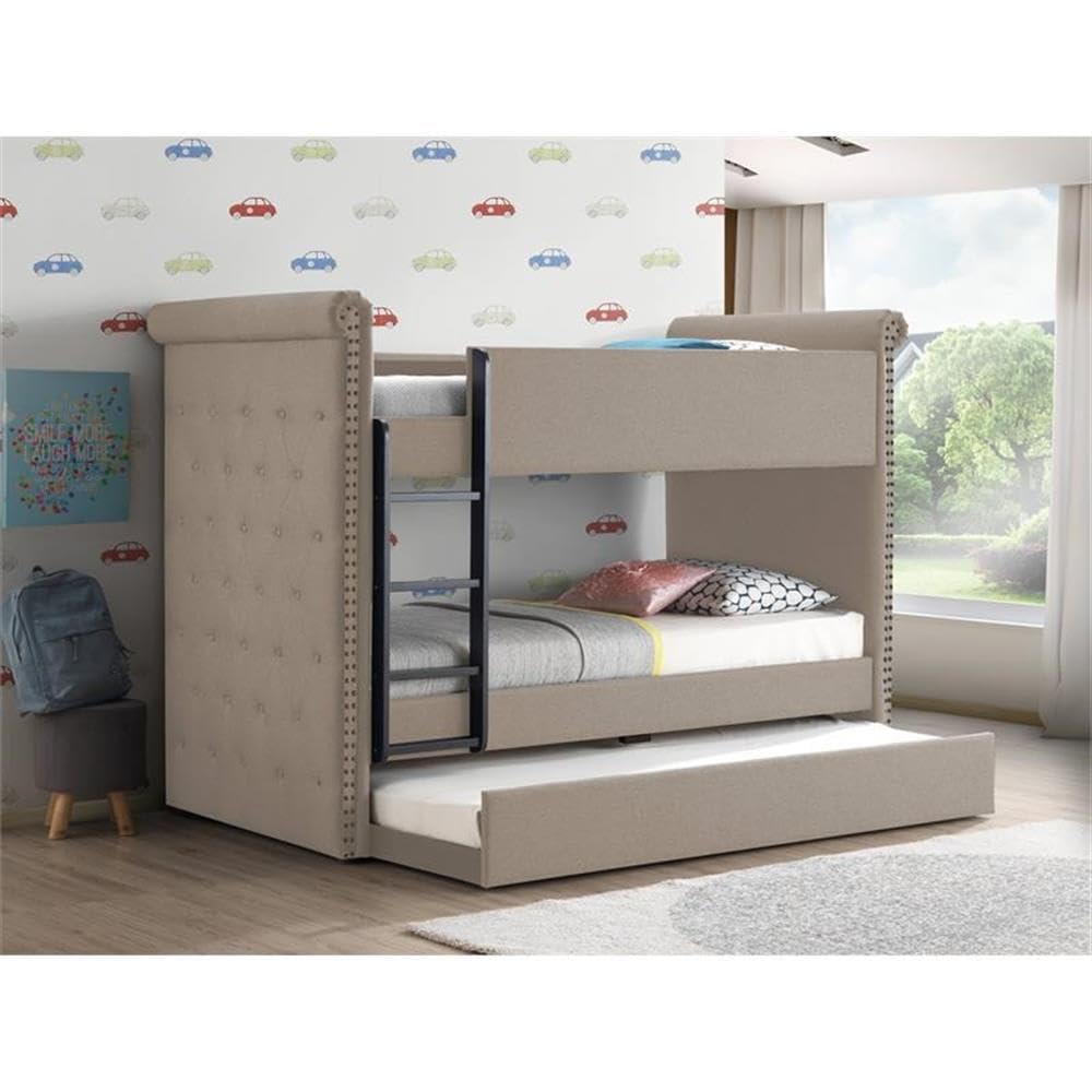 Twin/Twin Bunk Bed & Trundle Beige Fabric
