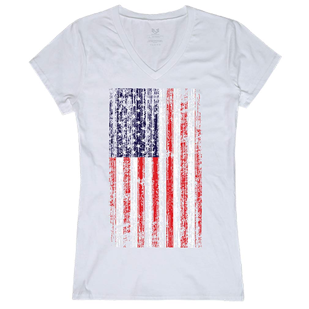 Graphic V-Neck, Distressed Flag,White, S