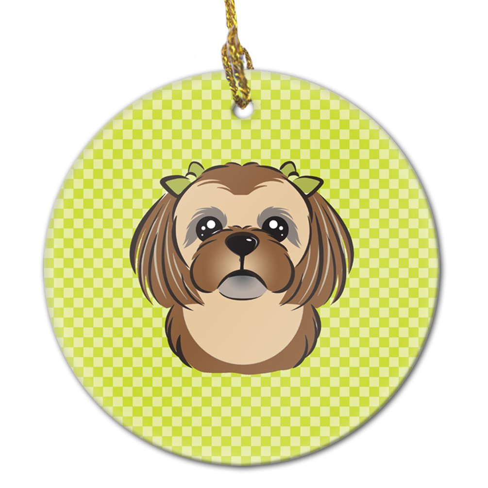 Checkerboard Lime Green Chocolate Brown Shih Tzu Ceramic Ornament BB1311CO1