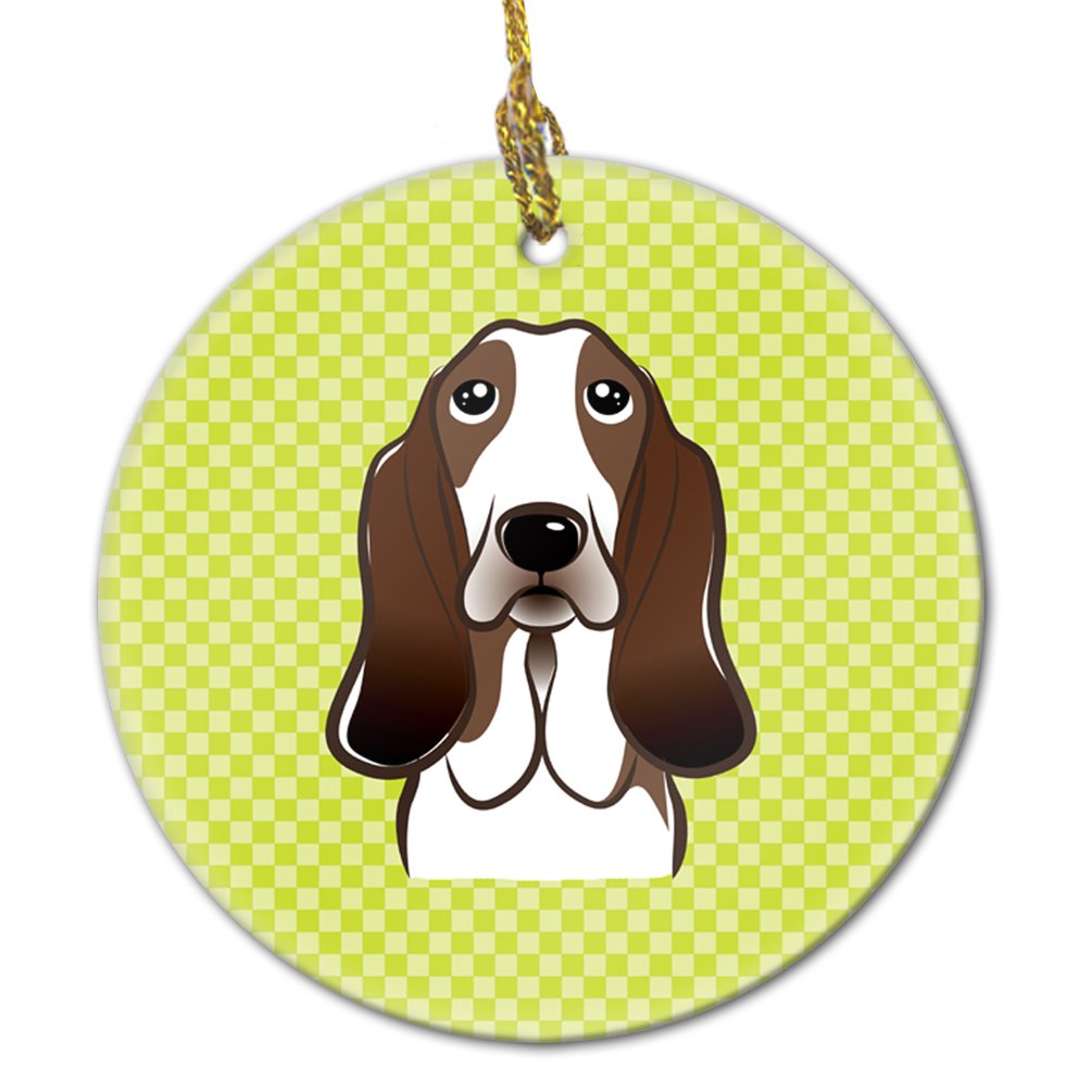 Checkerboard Lime Green Basset Hound Ceramic Ornament BB1305CO1