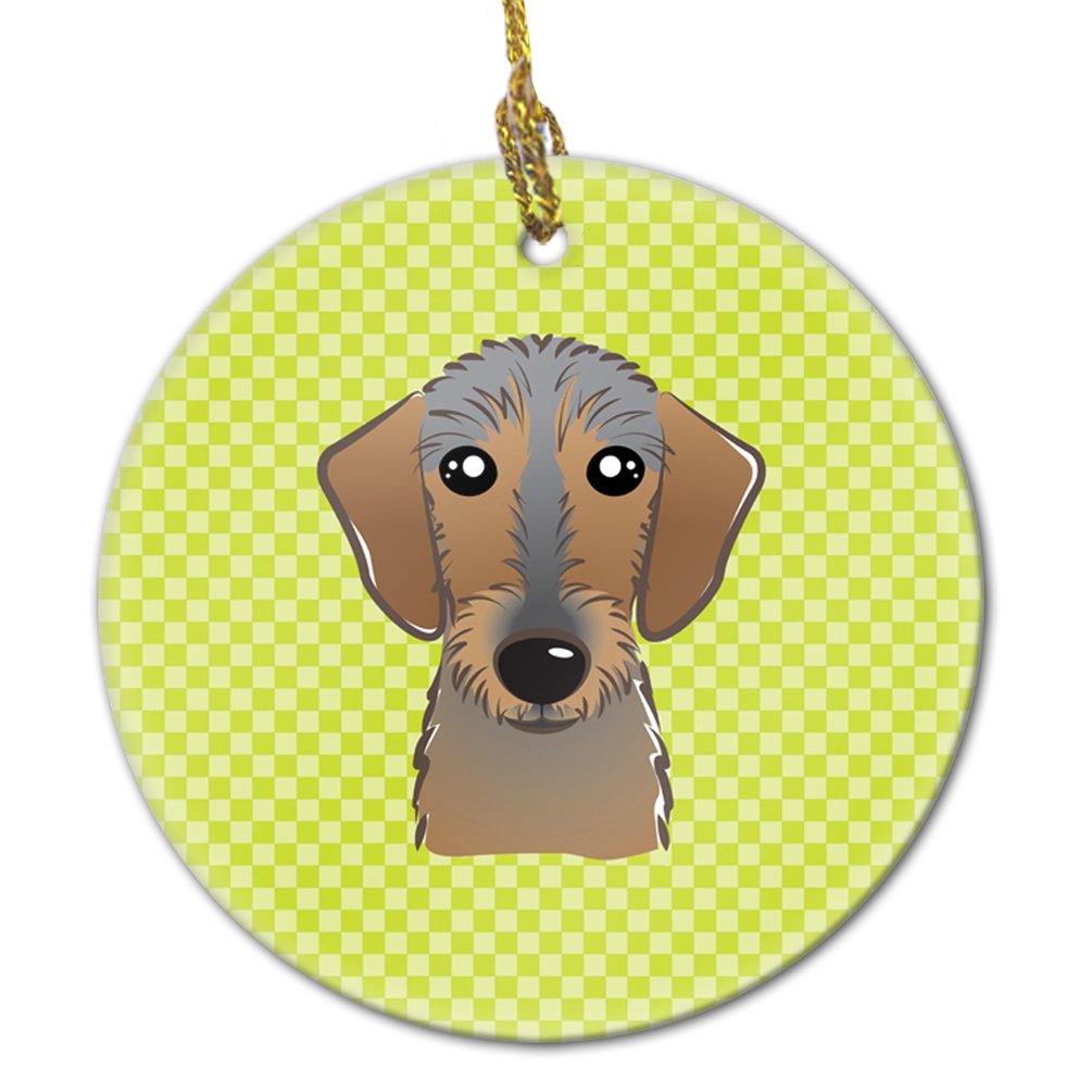 Checkerboard Lime Green Wirehaired Dachshund Ceramic Ornament BB1295CO1