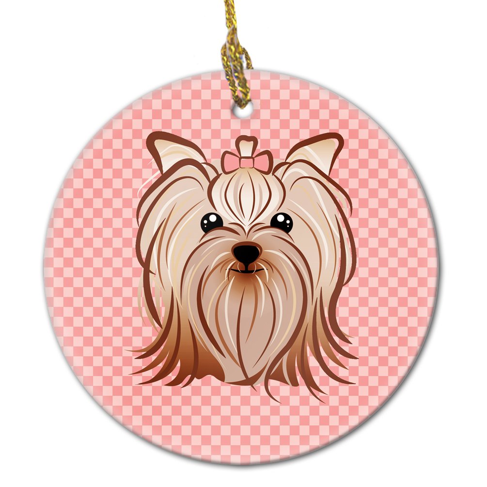 Pink Checkered Yorkie / Yorkshire Terrier Ceramic Ornament BB1138CO1