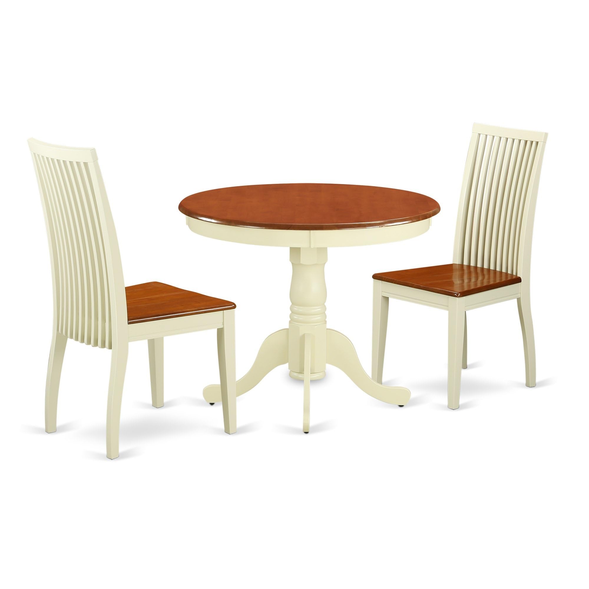 Casafoyer ANIP3-BMK-W 3 Piece Dining Set Contains a Round Dining Room Table with Pedestal and 2 Wood Seat Chairs, 36x36 Inch, Buttermilk & Cherry