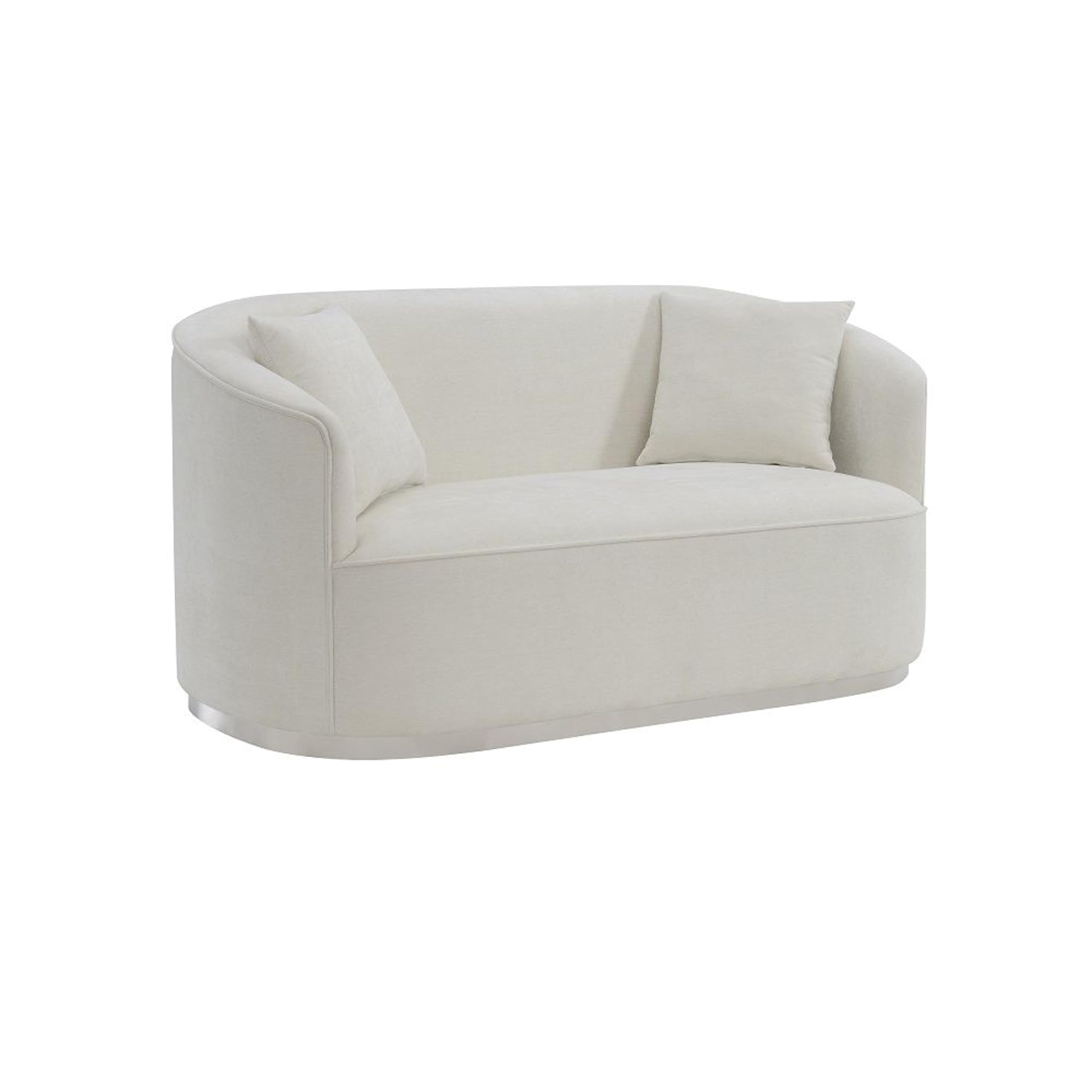Oggy 64 Inch Loveseat, 2 Throw Pillows, Barrel Shape, Soft Beige Chenille