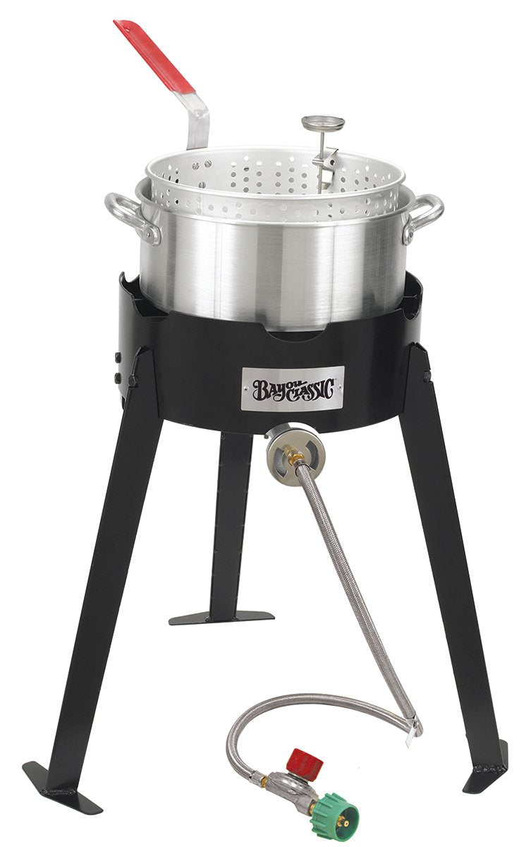 Bayou Classic 2212 Aluminum Fish Cooker Features 10-Qt Aluminum Fry Pot W Basket 5-In Stainless Thermometer 4-In Cast Aluminum B