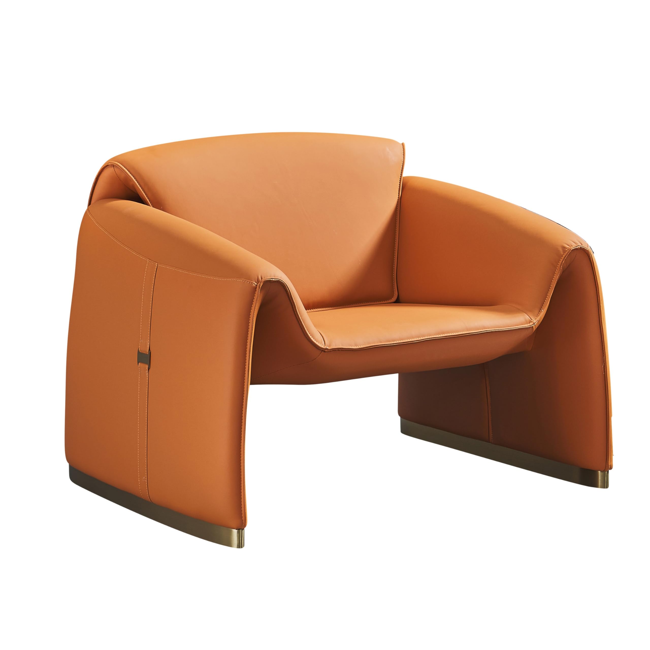 Hei 38 Inch Accent Chair, Orange Real Leather Upholstery, Gold Metal Finish