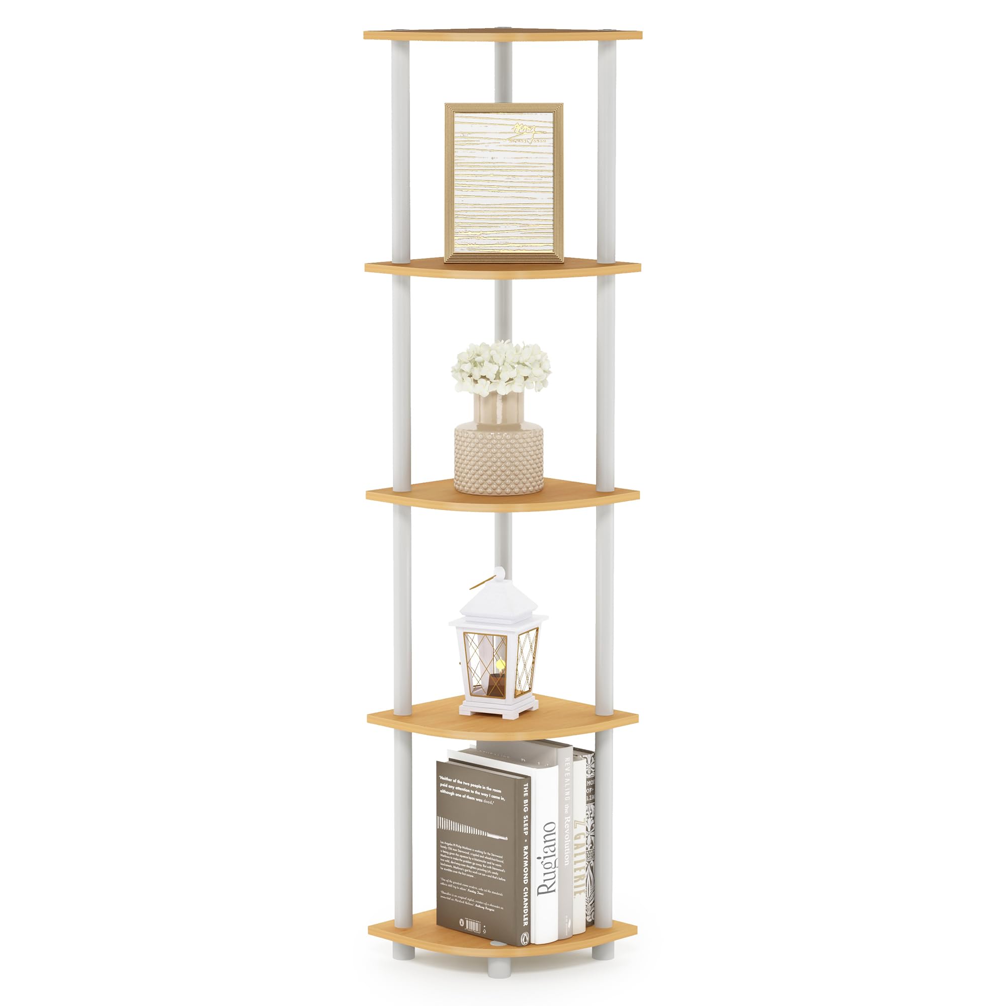 Furinno 99811BE/WH Turn-N-Tube 5 Tier Corner Display Rack Multipurpose Shelving Unit, Beech/White