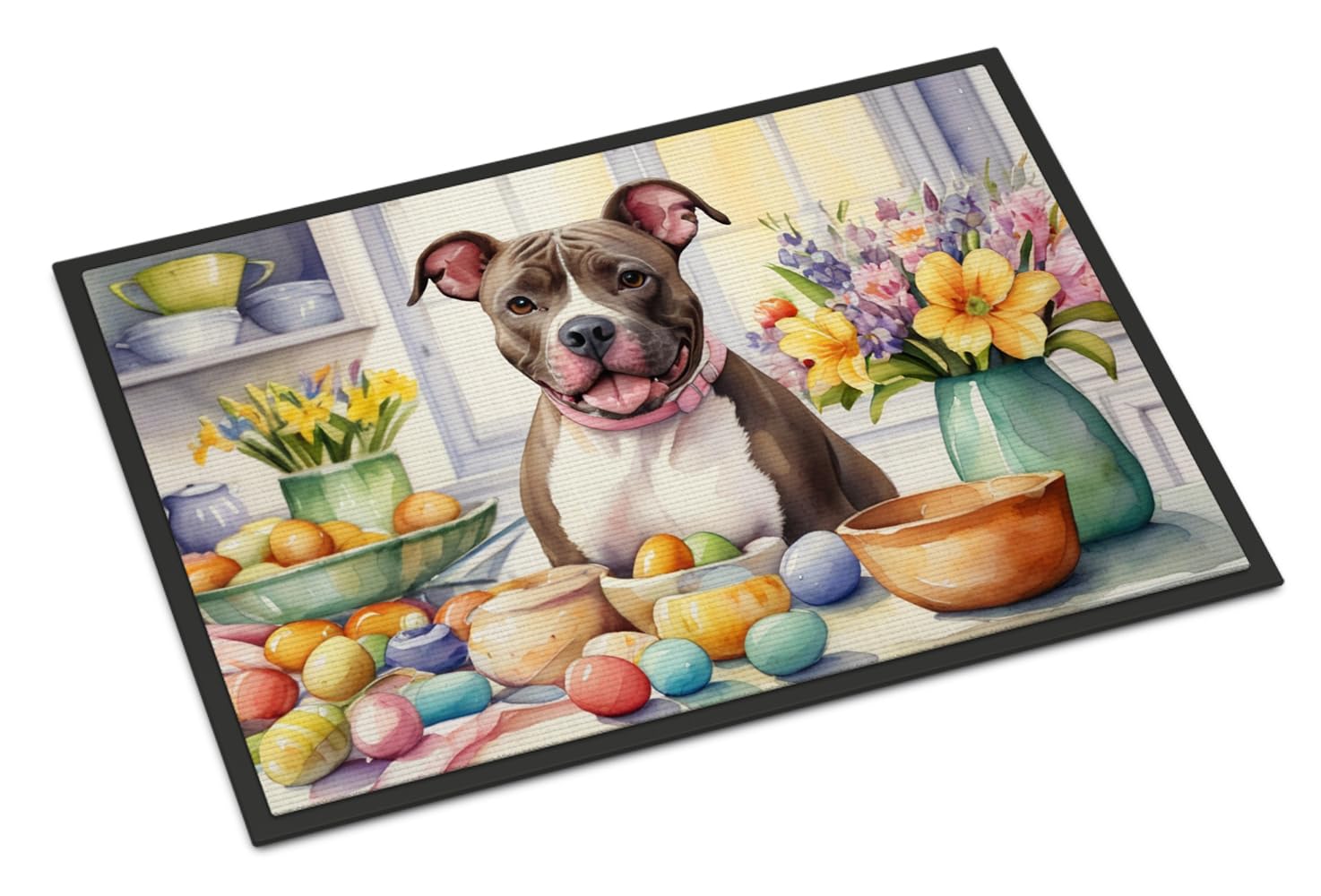 Carolines Treasures DAC6867MAT Decorating Easter Pit Bull Terrier Doormat Front Door Mat Indoor Outdoor Rugs for Entryway, Non Slip Washable Low Pile, 18H X 27W