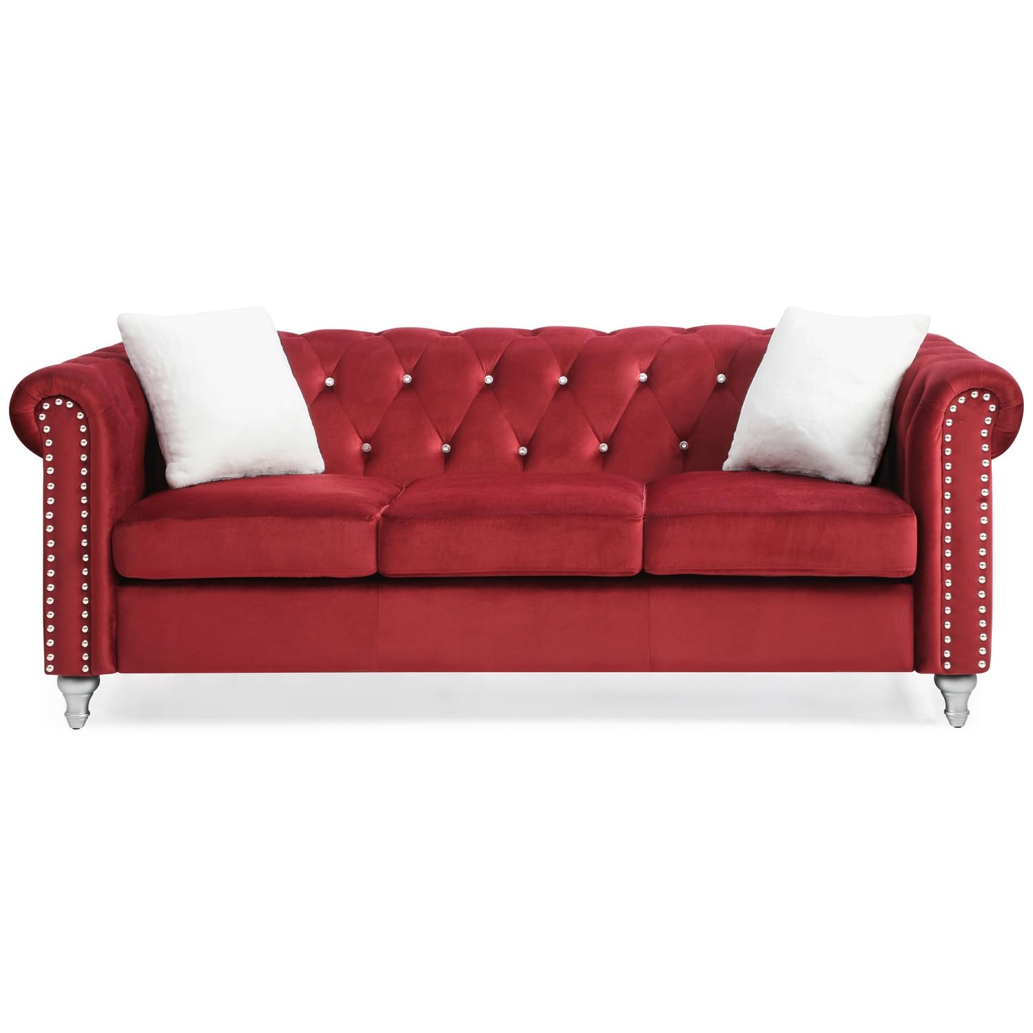 Raisa 83 in. Burgundy Velvet 3-Seater Sofa with 2-Throw Pillow