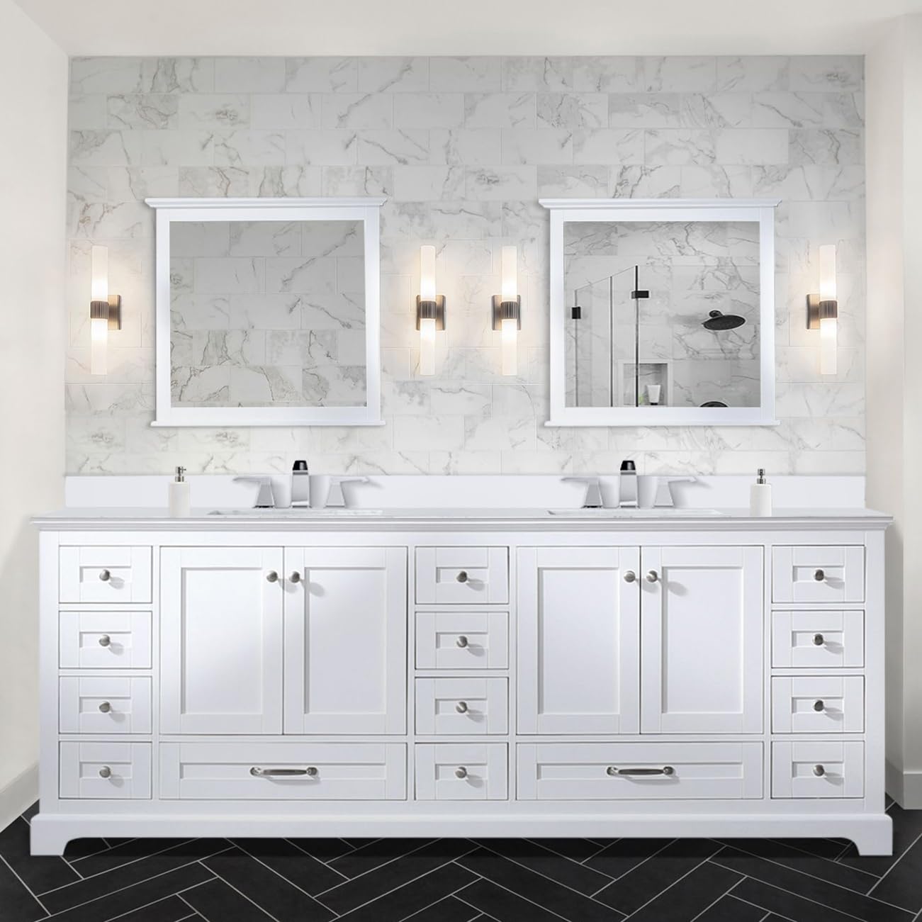 White Double Bath Vanity 84 in. W x 22 in. D, Cultured Marble Top, and Faucet Set
