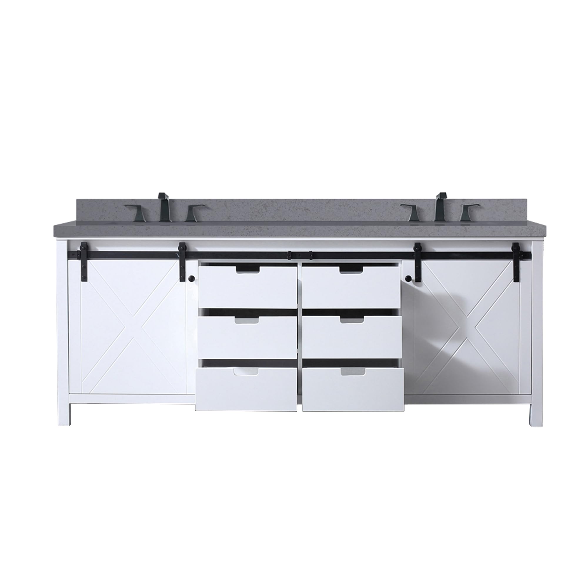 White Double Bath Vanity 84 in. W x 22 in. D, Grey Quartz Countertop and Faucet Set
