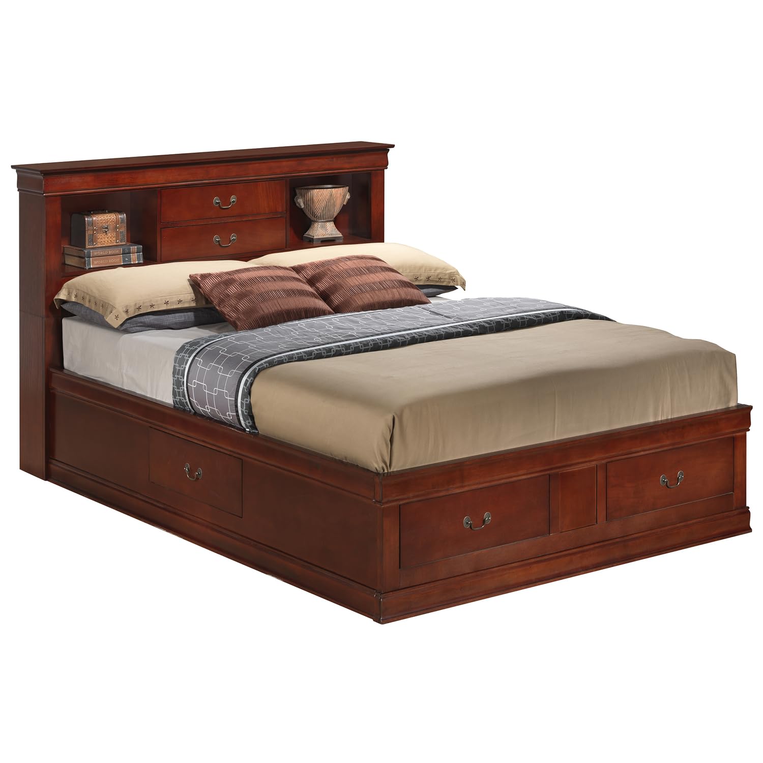 Louis Philippe Cherry Full Storage Platform Bed with 6 Storage Drawers