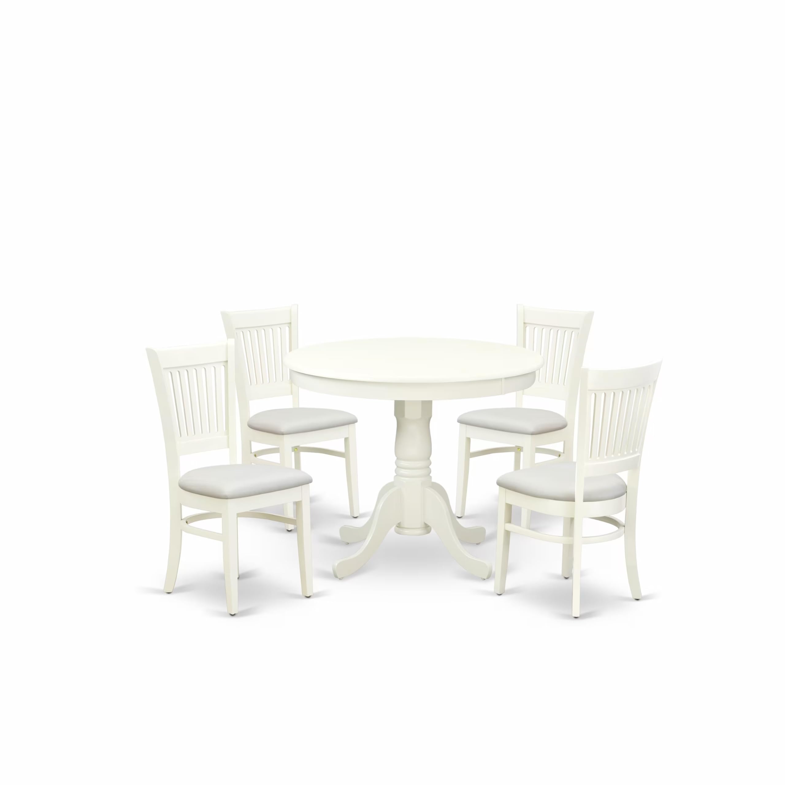 East West Furniture 5-Piece Dining Table Set- 4 dining room chairs and Wooden Dining Table - Linen Fabric Seat and Slatted Chair Back (Linen White Finish)
