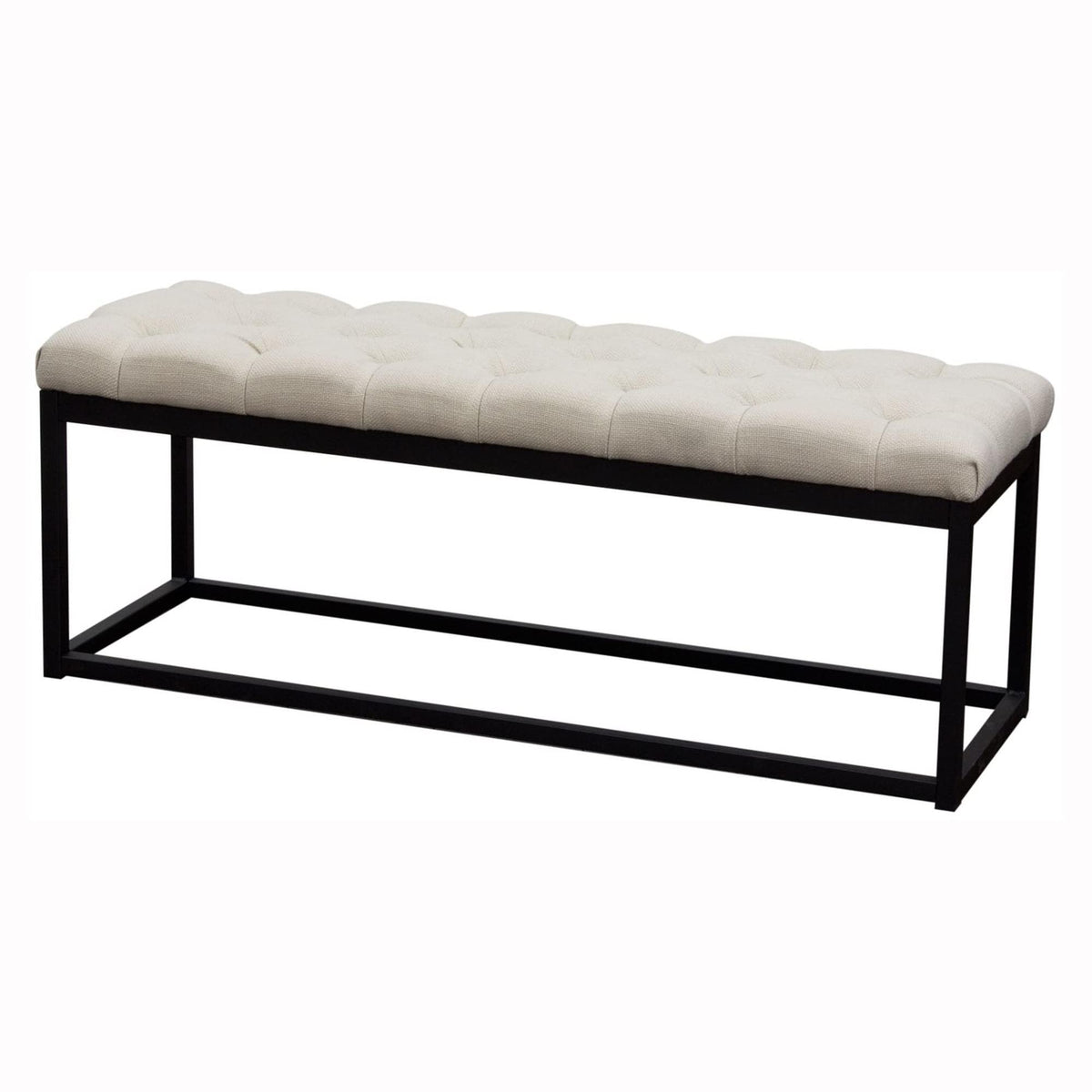 Benzara Bm190997 Linen Upholstered Metal Contemporary Bench With Diamond Tufted Details, Beige And Black