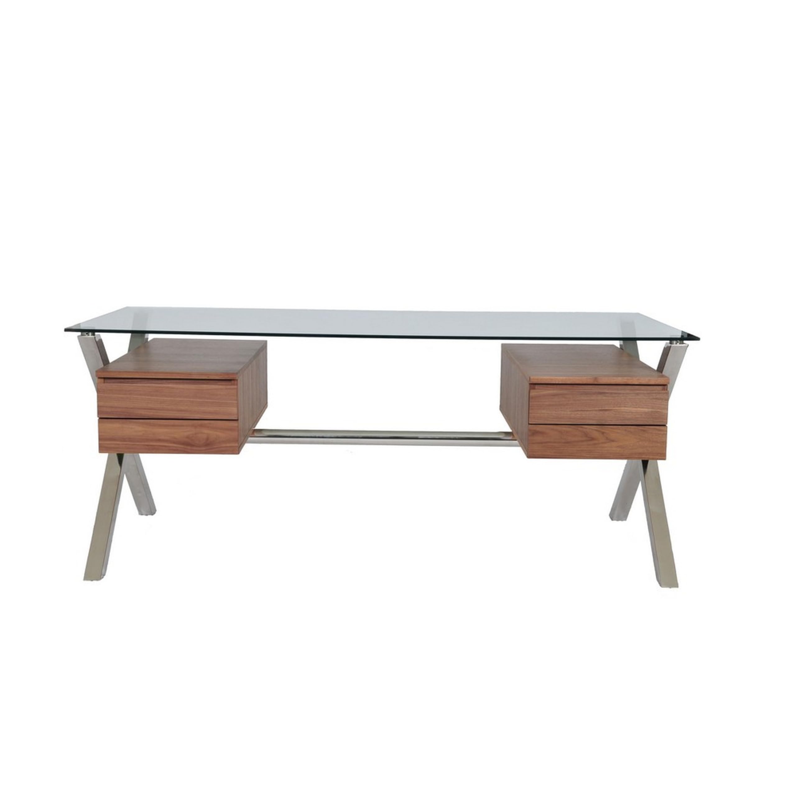 Tia 71 Inch Large Office Desk, Glass Tempered Top, 4 Drawers, Light Brown