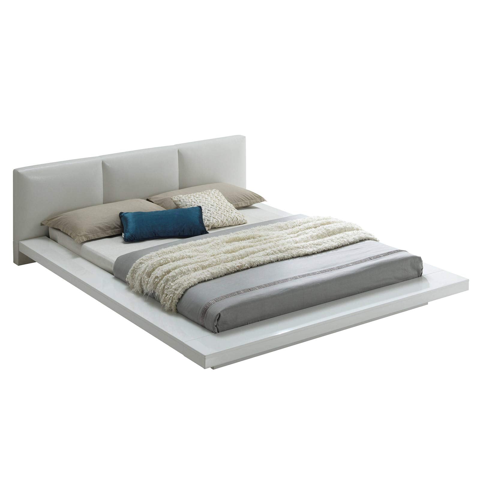 Wooden Queen Size Low Profile Bed with Padded Headboard, White