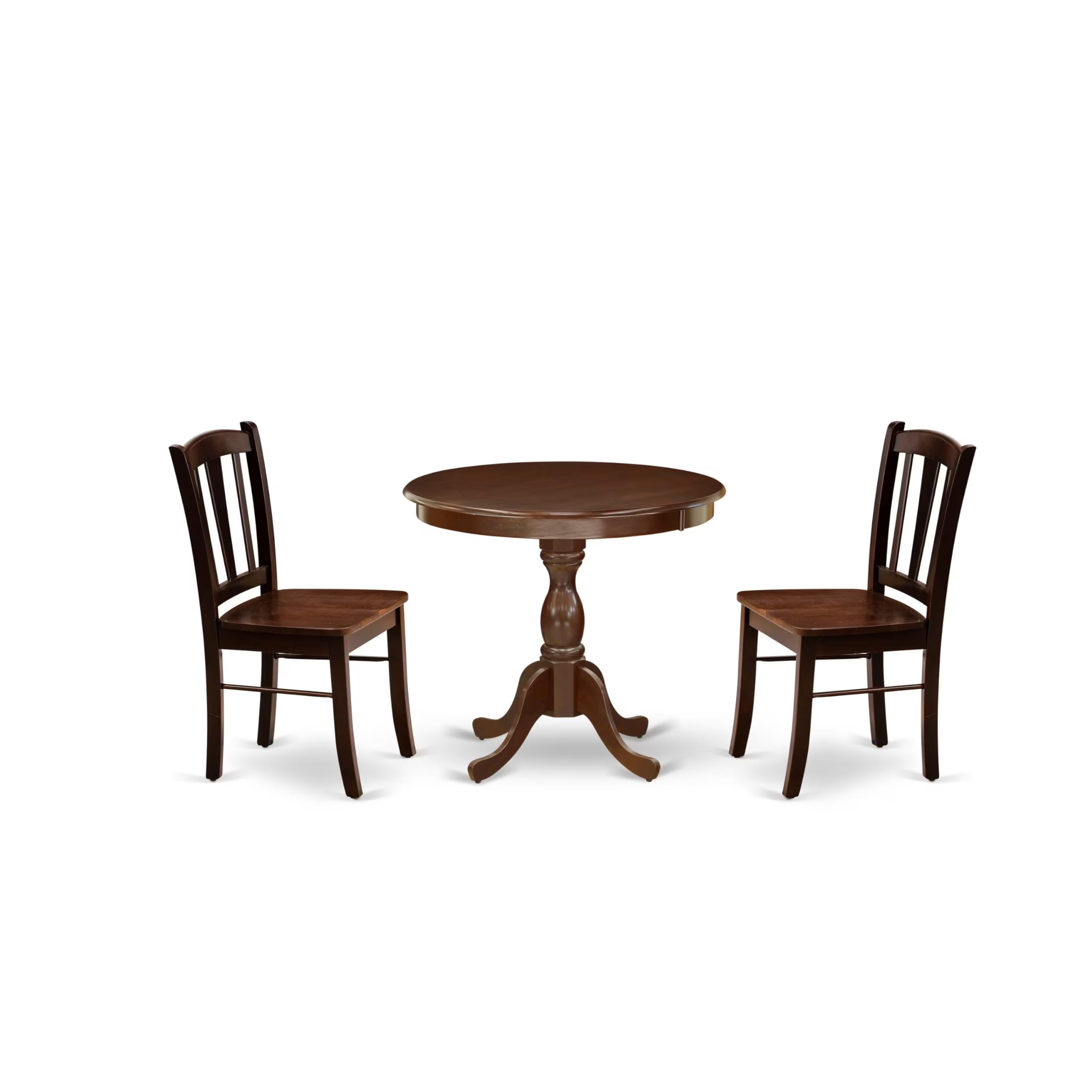 East West Furniture - AMDL3-MAH-W - 3-Pc Dining Room Table Set- 2 Modern Dining Chairs and Wooden Dining Room Table - Wooden Seat and Slatted Chair Back - Mahogany Finish