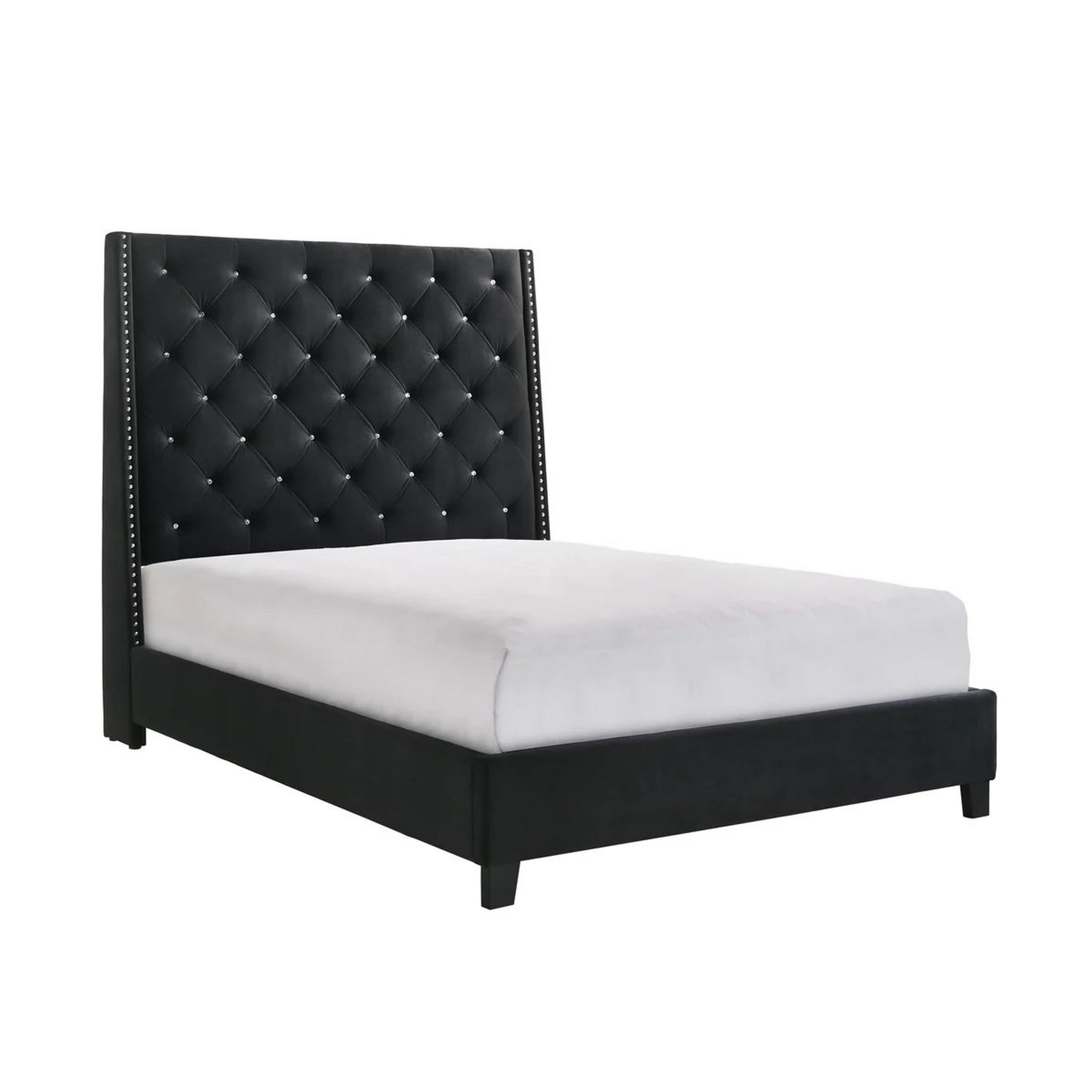 Maze King Size Bed, Button Tufted, Nailhead Trim, Black Fabric Upholstery