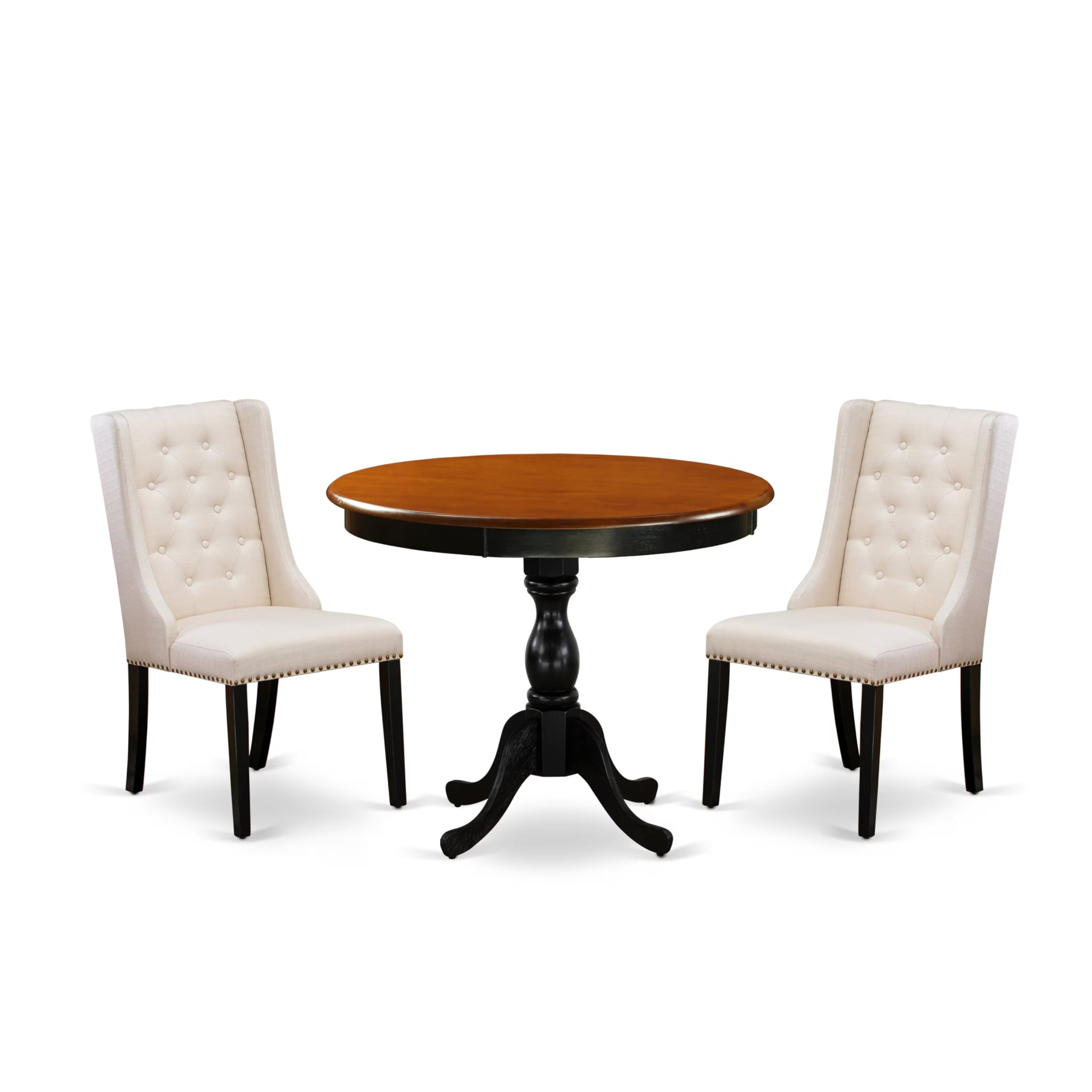 East West Furniture AMGA3-BCH-24 3-Pc Dinning Room Set Includes a Wooden Table and 2 Black Linen Fabric Dining Room Chairs with Button Tufted Back - Black Finish