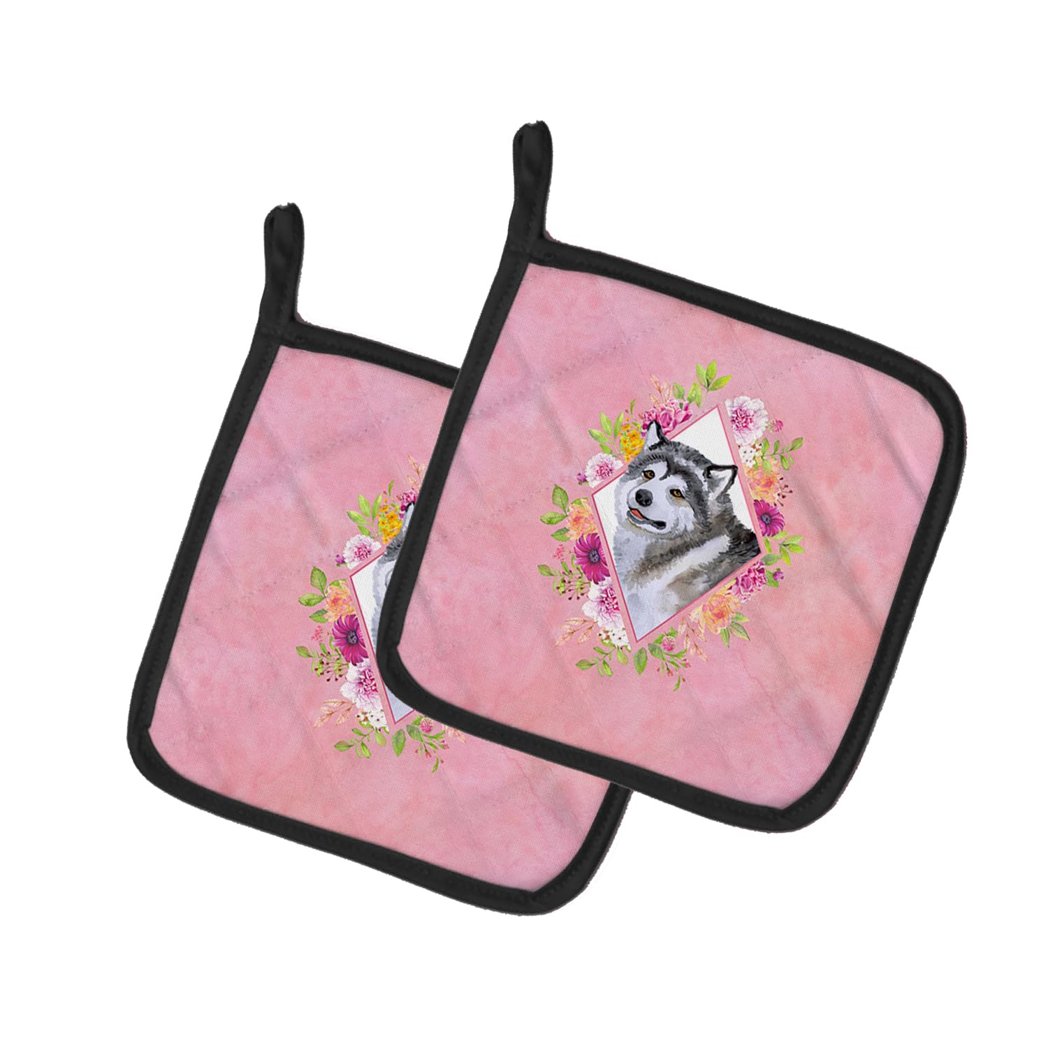 Alaskan Malamute Pink Flowers Pair of Pot Holders