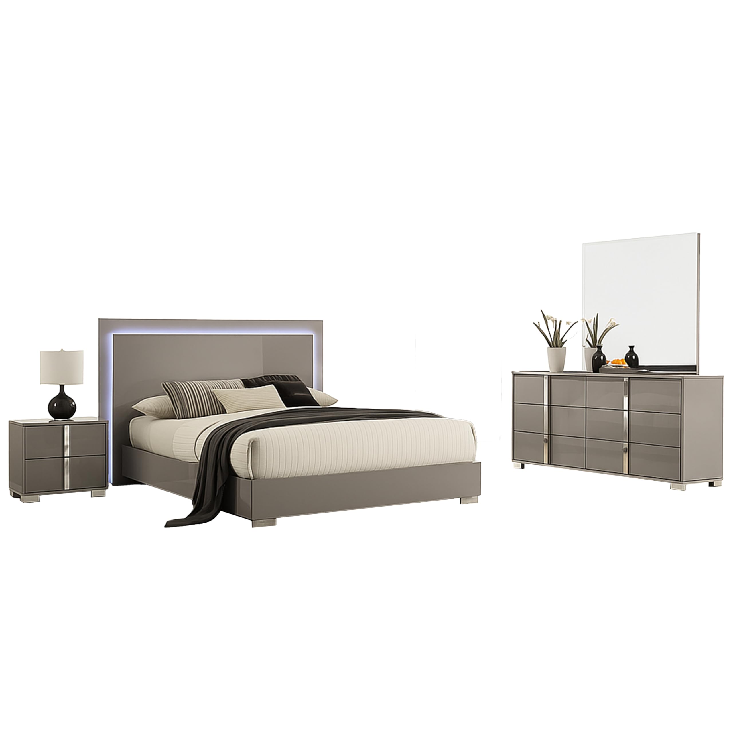 Suni 4pc Complete Queen Bedroom Set w LED Headboard, Light Taupe Gray