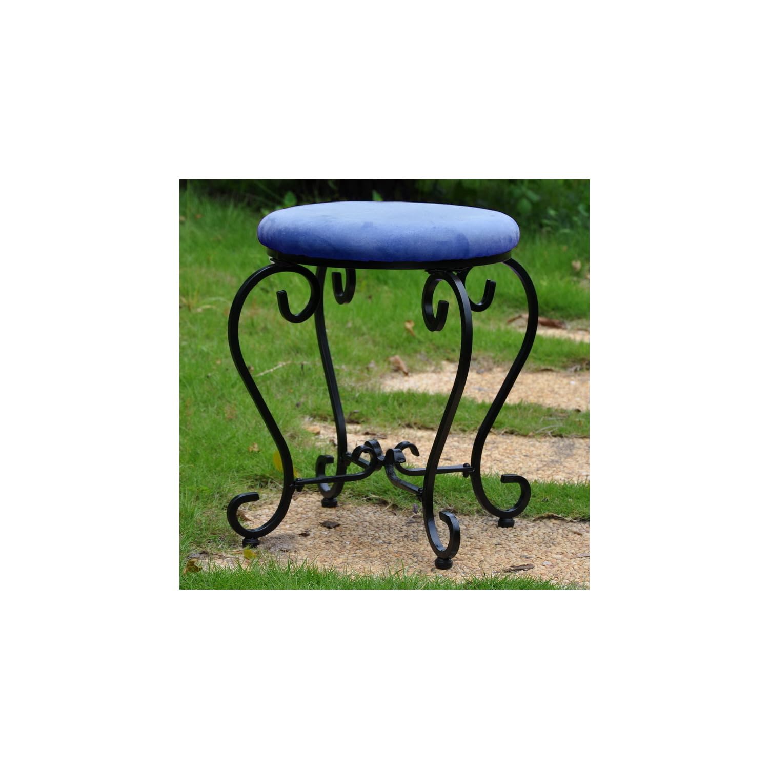 Microsuede Upholstered Iron Small Iron Stool with Microsuede Cushion - Antique Black/Indigo