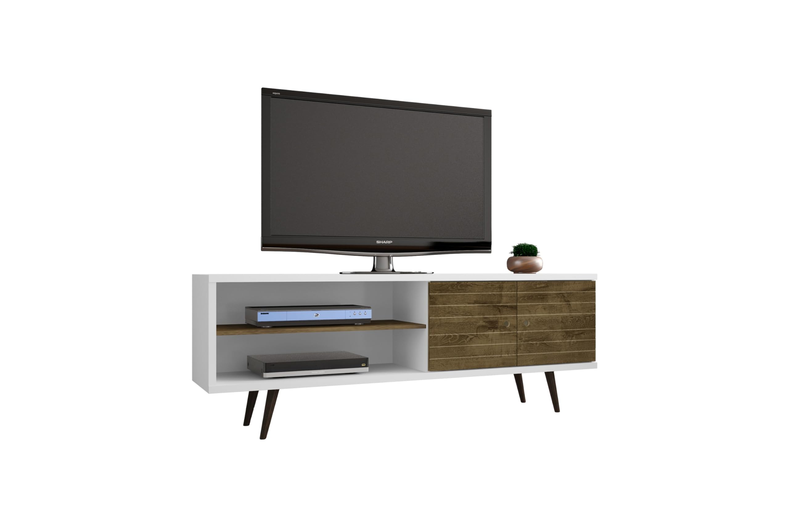 Liberty 62.99 Mid Century - Modern TV Stand with 3 Shelves and 2 Doors in White and Rustic Brown with Solid Wood Legs