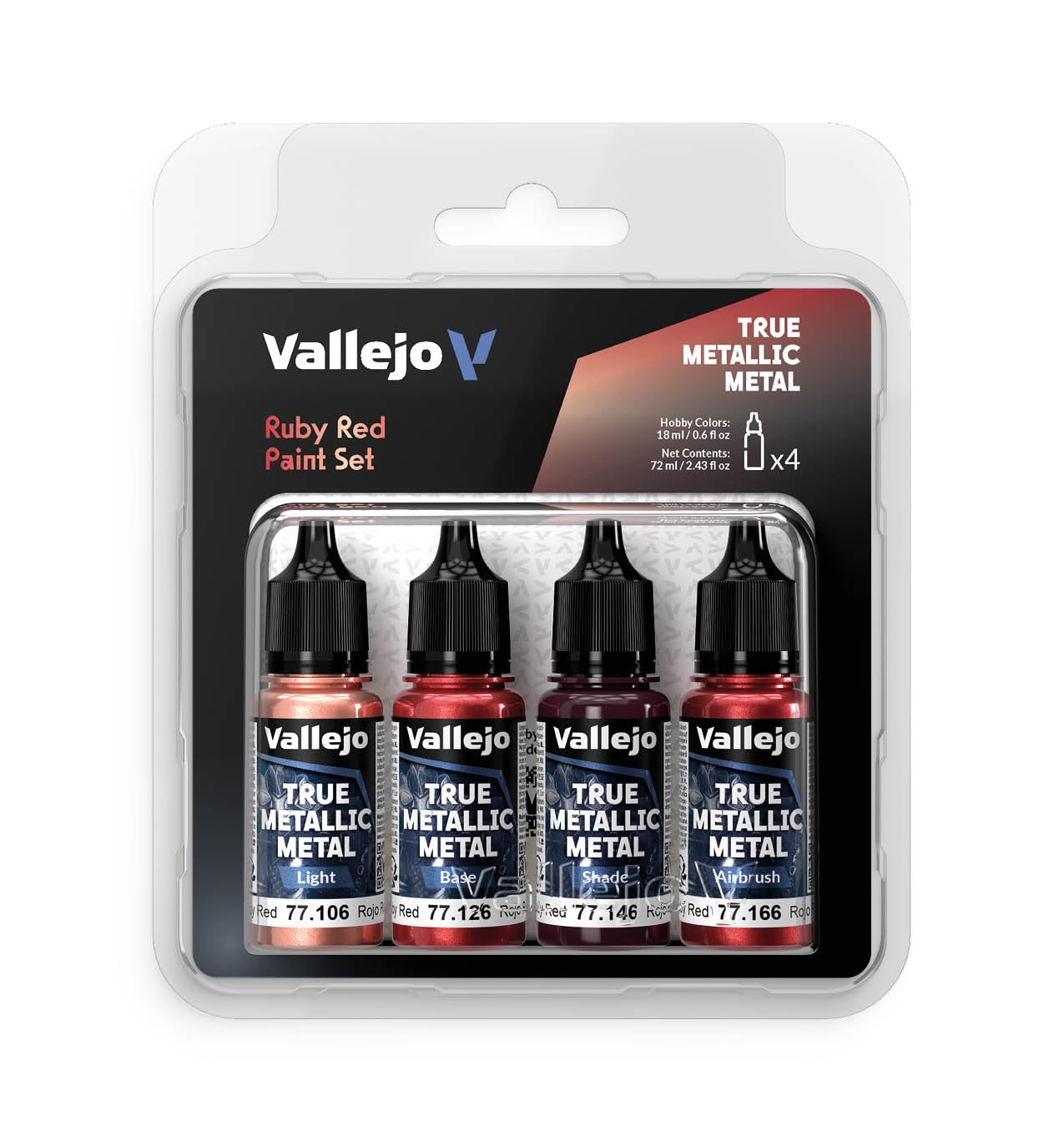 Vallejo - Ruby Red Paint Set | True Metallic Metal | Acrylic Colors for Painting Metal Effects on Fantasy, Historical, and Wargaming Miniatures | BSL System | 4 Bottles x 18 ml (0.6 fl.oz.)